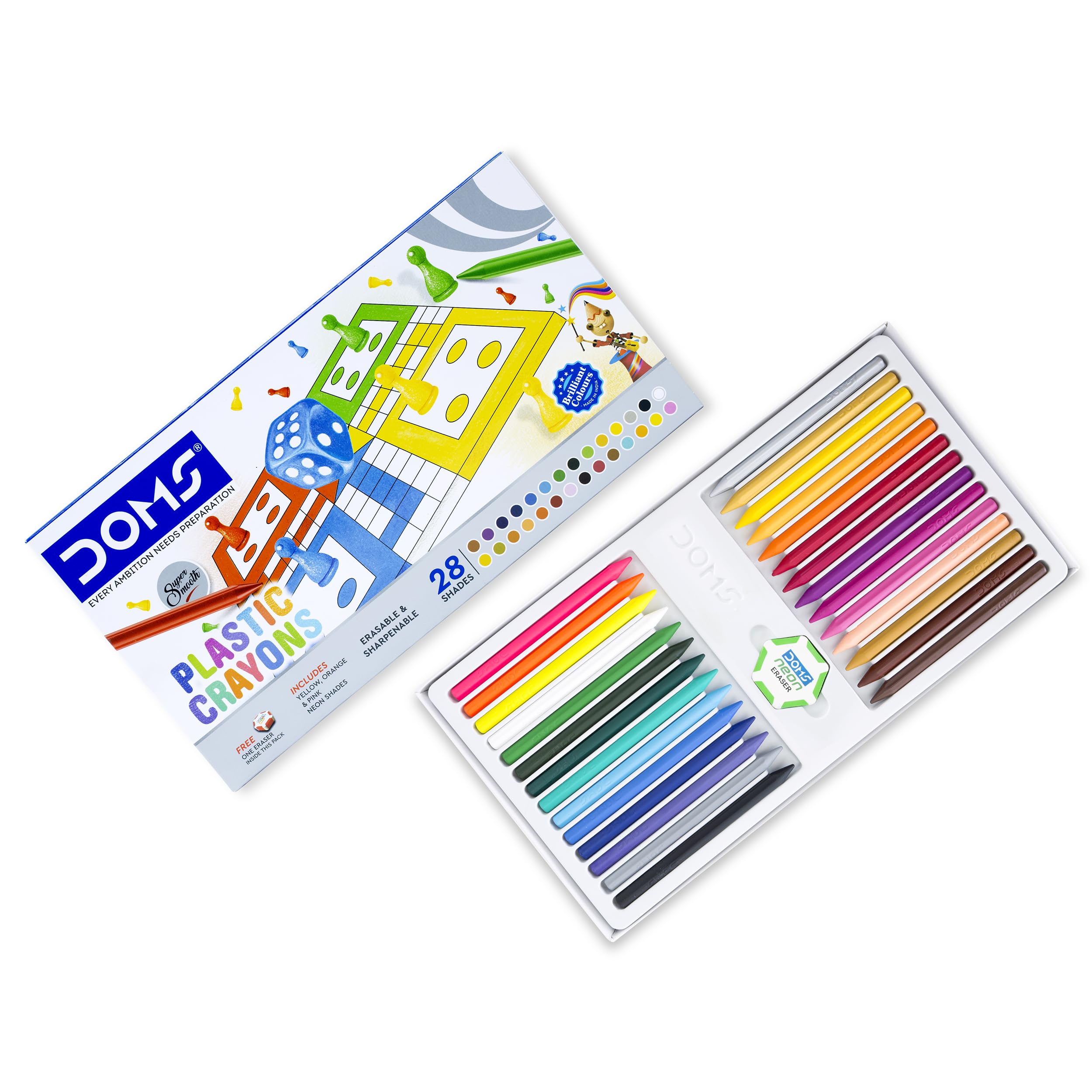 Doms Non-Toxic 28 Shades Super Smooth Plastic Crayons | Erasable & Sharpenable | 1 Eraser & 1 Sharpener Included | Pack of 1-image-49