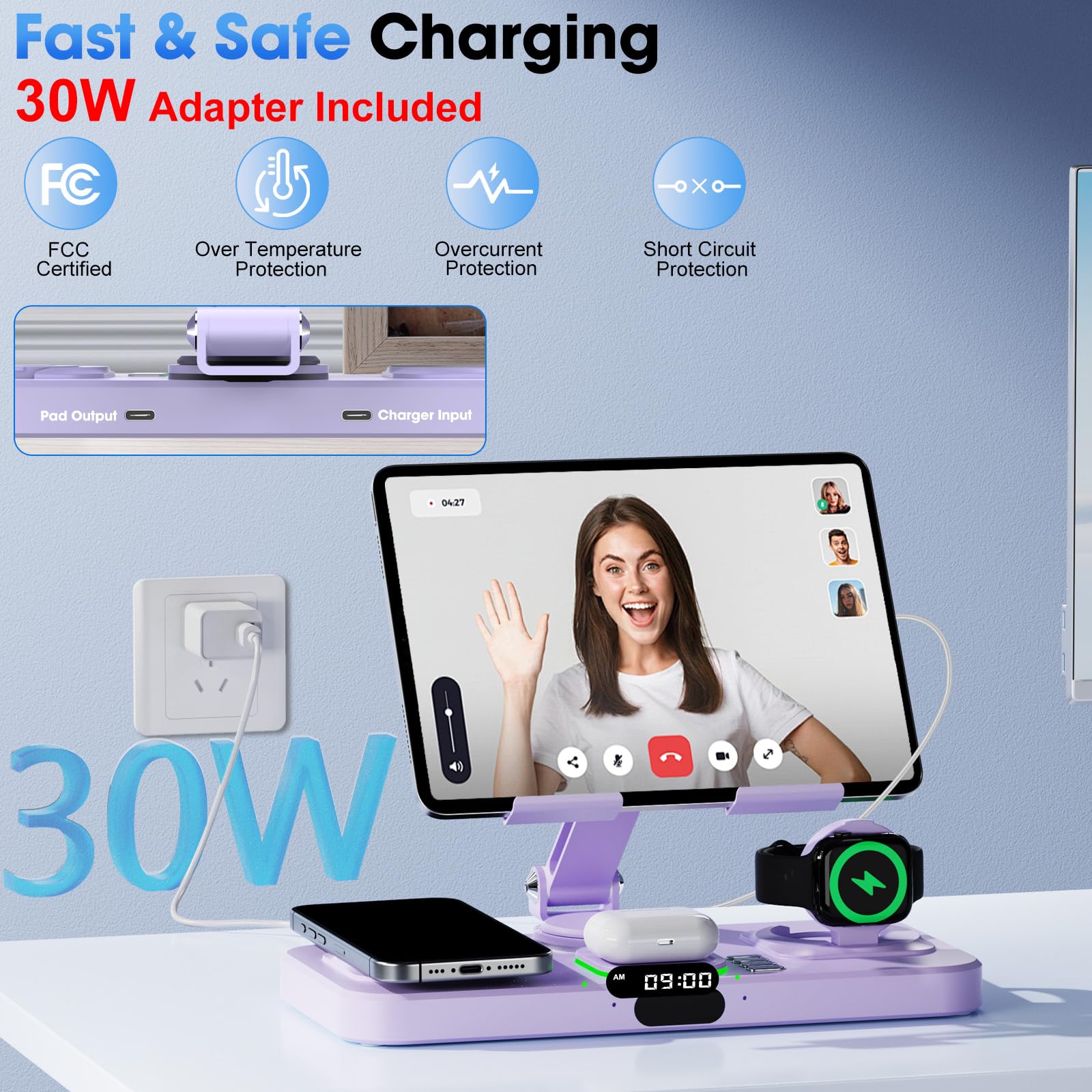 Caricabatterie wireless 6 in 1 per dispositivi Apple, stazione di ricarica con orologio e luce ambientale a 7 colori, supporto girevole pieghevole per iPad, per iPhone17/16/15, supporto per Apple