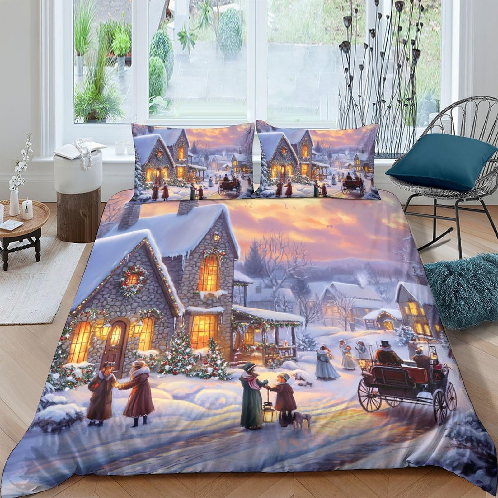 Ctjqhvkz Style-3 3D Printed Winter Village Fitted Sheet Microfiber Soft Breathable Holiday Scene Mattress Cover For Bedroom Home Decor Single（135X200cm）