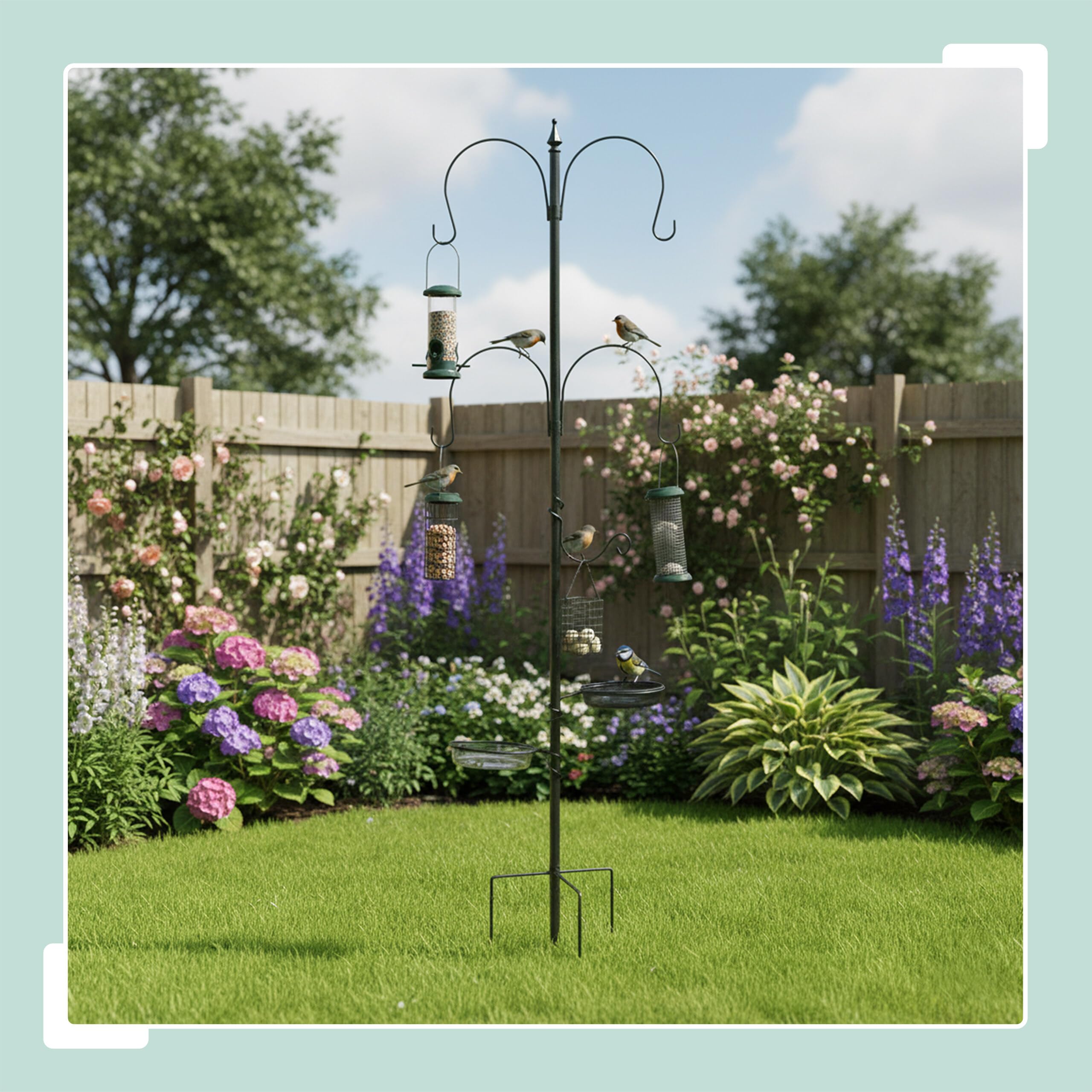 Relaxdays Mangeoire pour Oiseaux 6 en 1, Piquet, Abreuvoir, Distributeur de graines, Acier, Noir