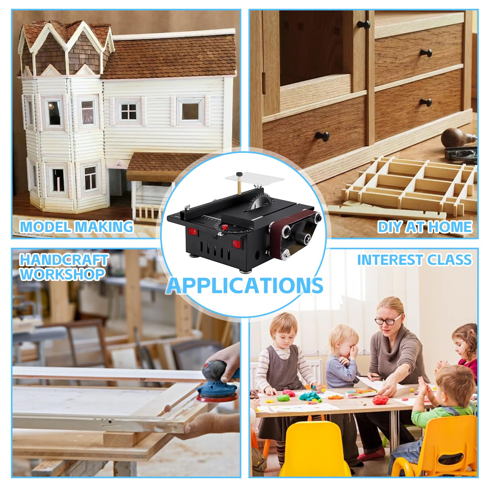 Mini Tischkreissäge, Tischkreissäge Klein mit Bandschleifer, 300W Multifunktionale Tragbare Präzisions DIY Miniatur Tischkreissägen mit 4 Klingen, 0,1-30mm Sägeblatt für Holzhandwerk, DIY