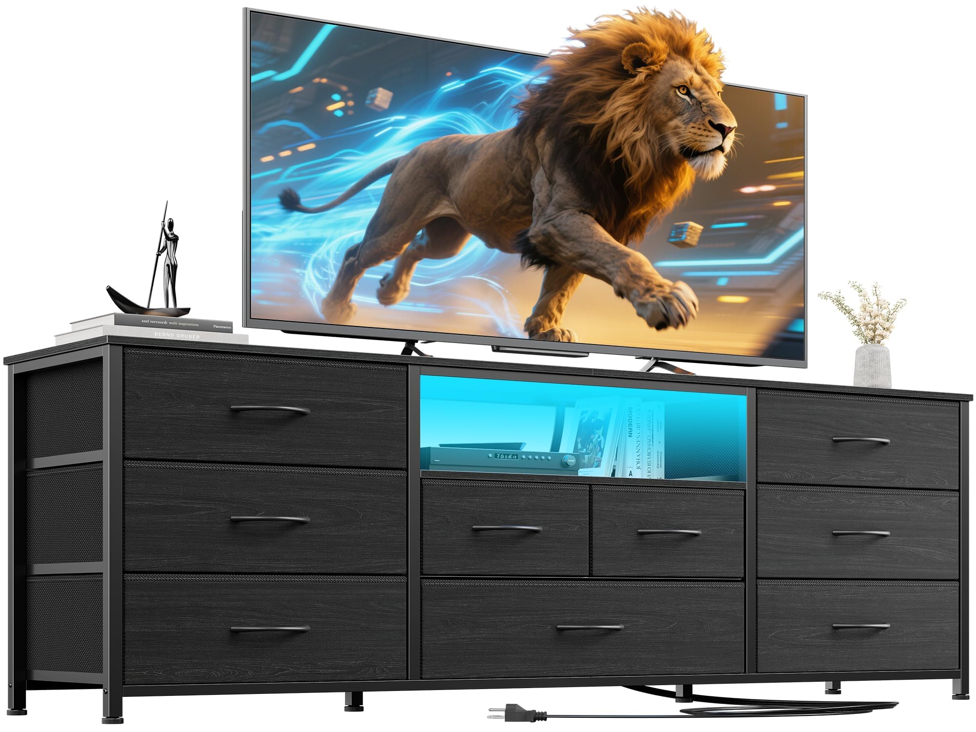 Furnulem 63-inch 9-Drawer Dresser and TV Stand in a living room setting with a large TV on top.