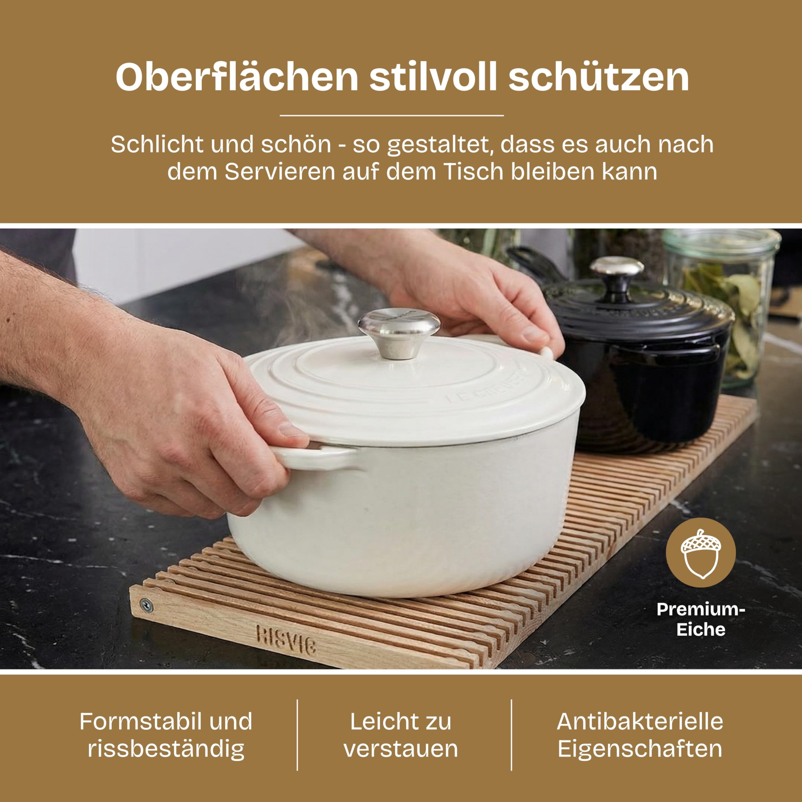 Lignus Pfannenuntersetzer aus Premium Eichenholz (38x19 cm) – Edler Topfuntersetzer aus europäischer Eiche, ausziehbar & antibakteriell – Design-Untersetzer für Küche & Esstisch