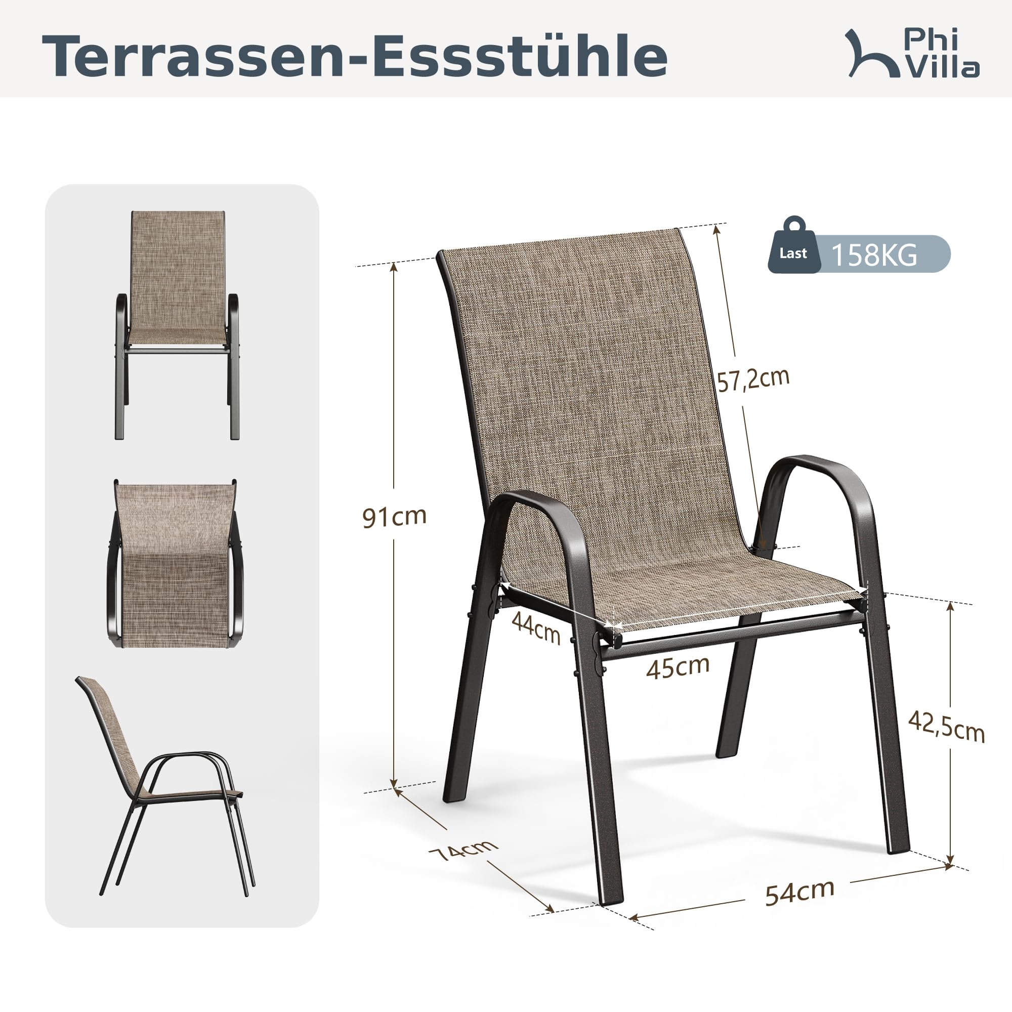 PHI VILLA Gartenstühle 6er Set, Gartensessel Stapelstühle Hochlehner, Wetterfest Terrassenstühle aus Textilene und E-Beschichtung Metall für Terrasse Veranda Hinterhof Poolbereich