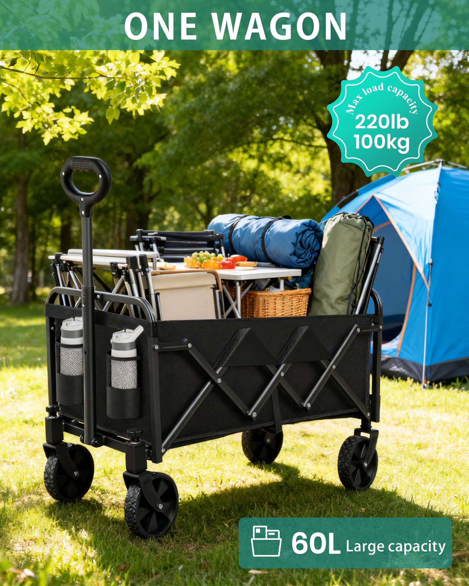 Carrello leggero pieghevole, manico regolabile, resistente, portabicchieri, portatile, compatto e salvaspazio, per campeggio, shopping, giardino, sport, spiaggia