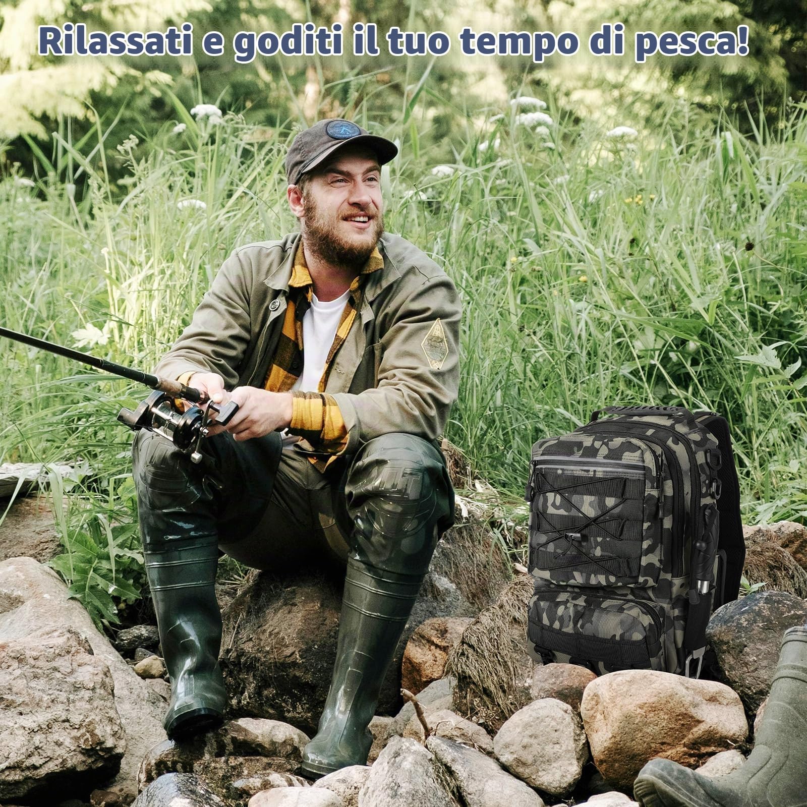 MoKo Zaino da pesca impermeabile con portacanne, verde mimetico | Borsa da pesca in nylon con 3 tasche, supporto per 2 canne e spallacci regolabili per campeggio ed escursionismo.