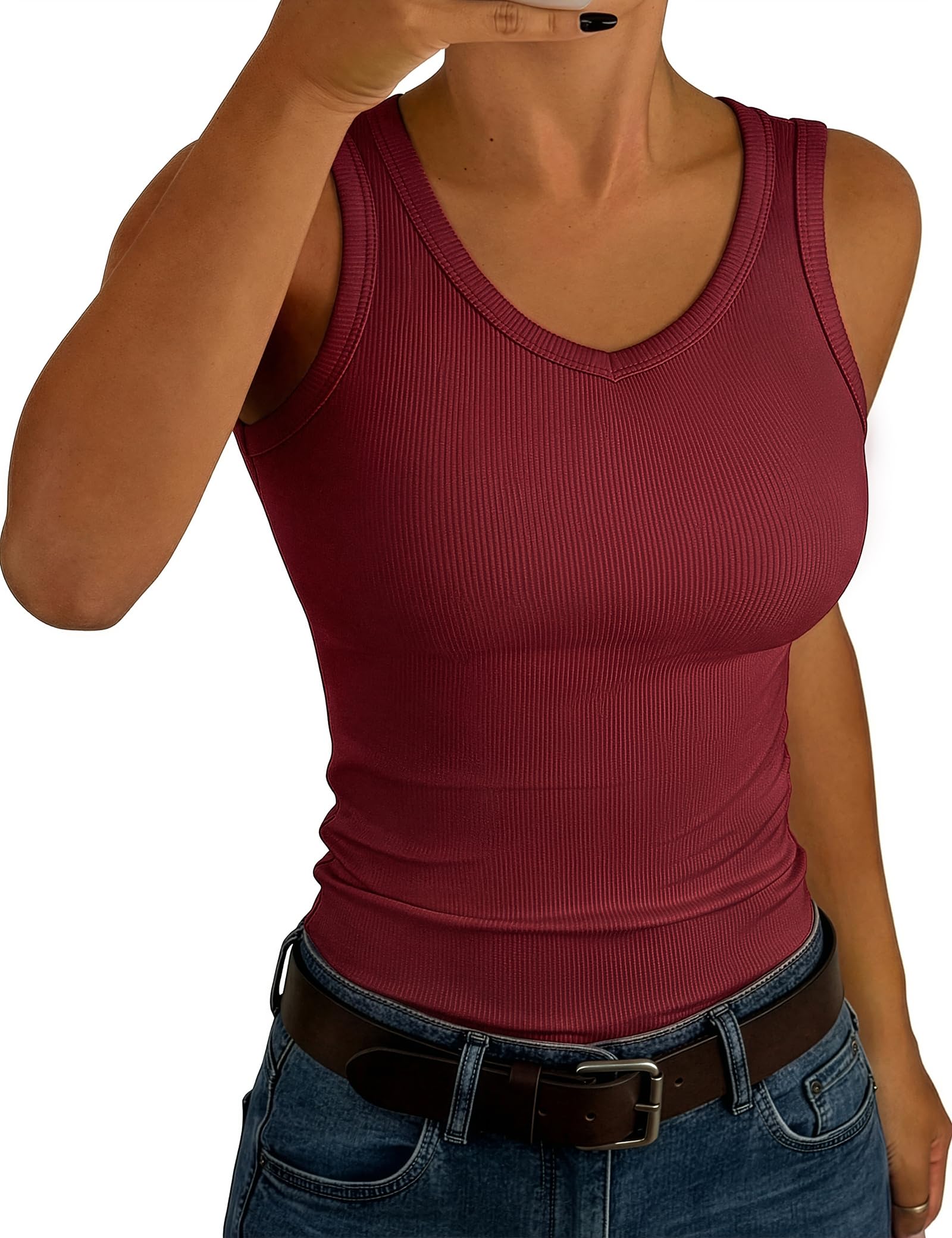Aottori Tank Top Damen V-Ausschnitt Sommer Oberteile Ärmellos Gerippt Slim Fit Tanktops Sexy Stretch Basic Unterhemd Casual Einfarbig