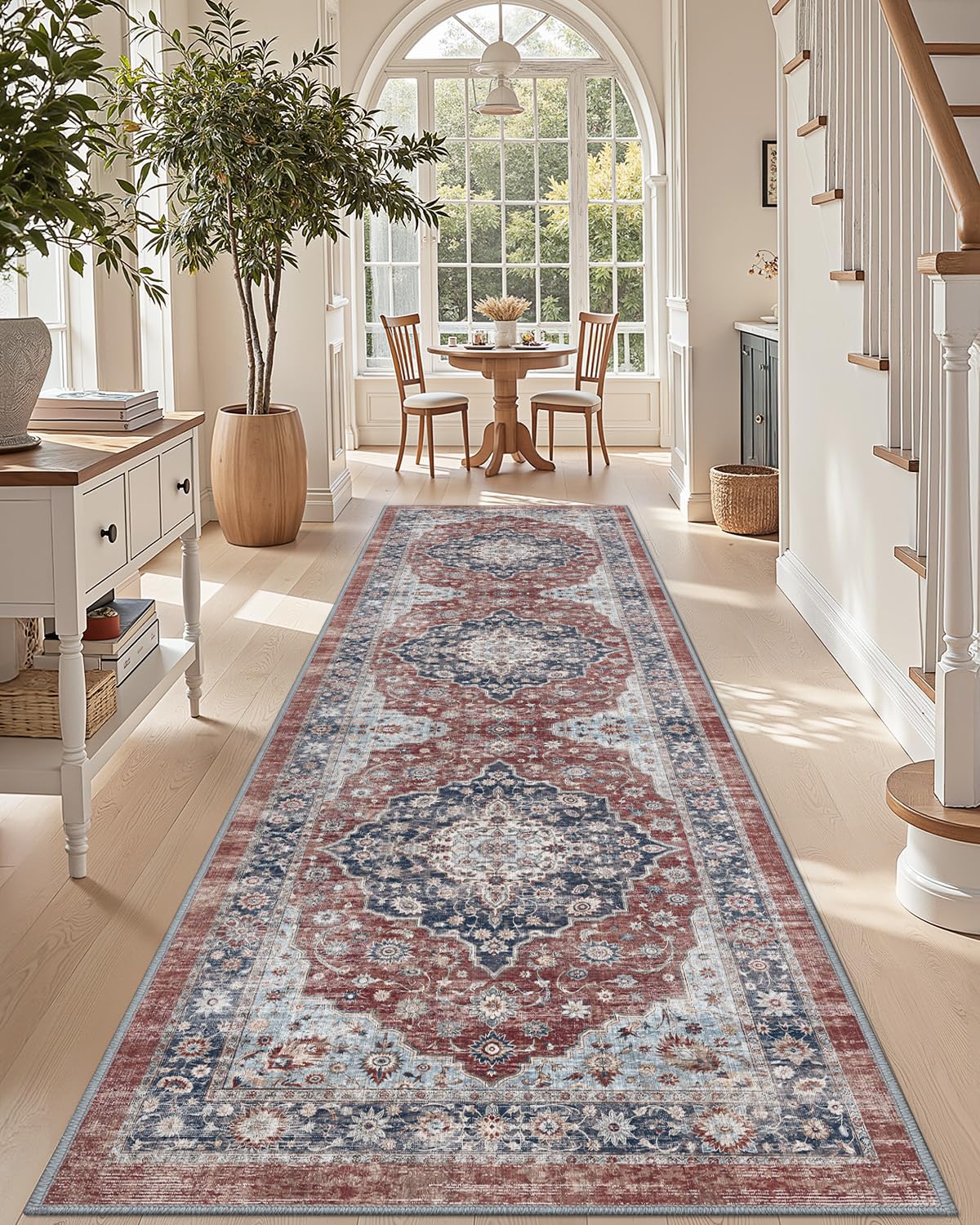 DEXI 2x5 Runner Rug Non Slip, Vintage Boho Washable Absorbent Hallway Rugs,Thin Standing Floor Carpet Soft Comfort for Kitchen, Laundry Room, Vintage Red