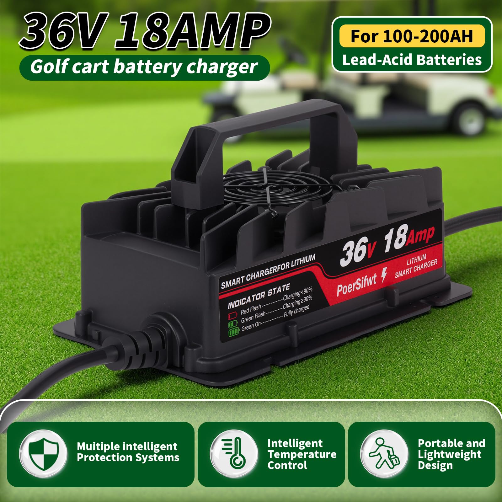 Cargador de batería LiFePO4 de 43.8 V 18 A, cargador de batería de litio inteligente de 48 V 18 A con luz LED, cargador impermeable de 48 voltios para carretilla elevadora eléctrica, scooter 2