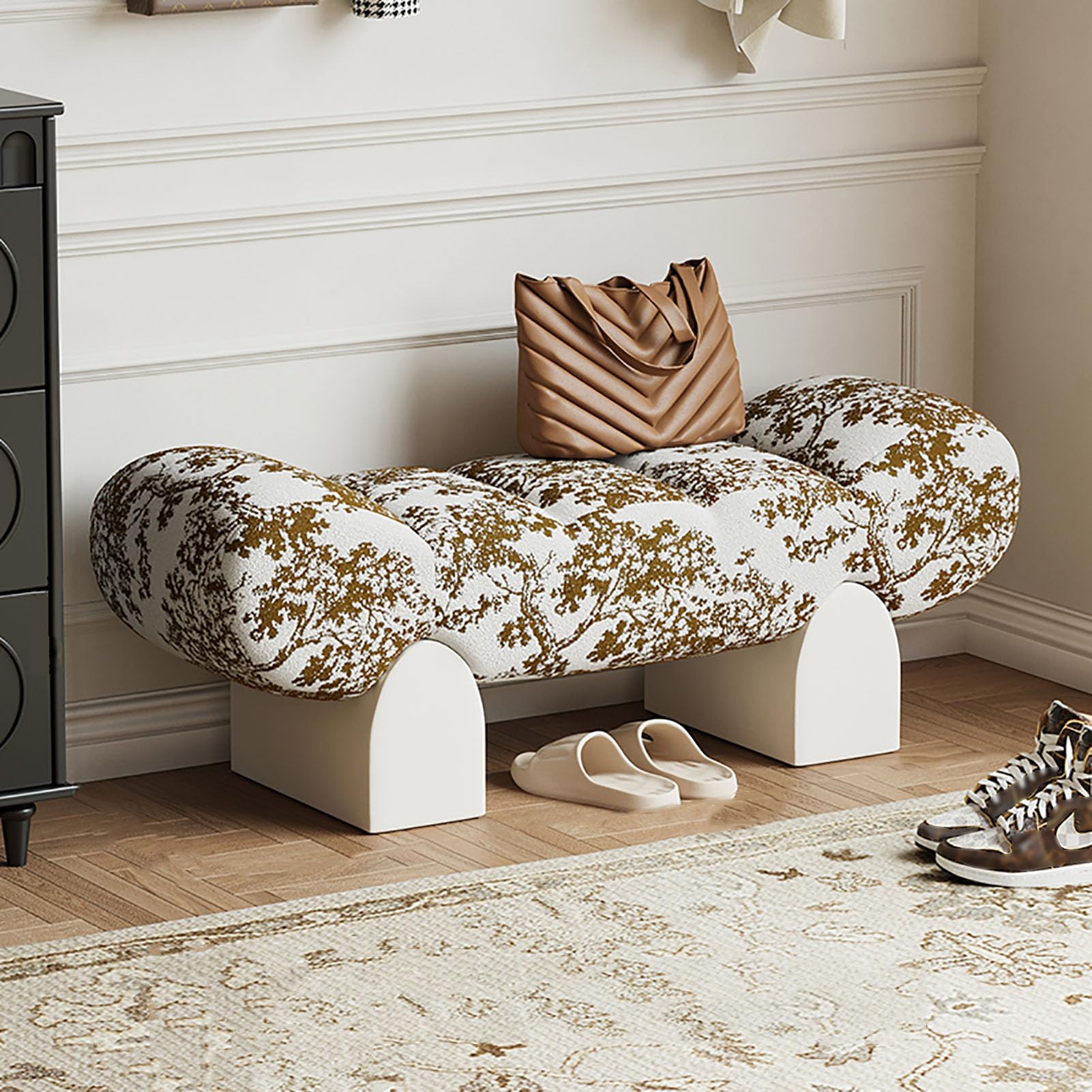 KLGFBDC Ottoman Bench, Upholstered Entryway Shoe Bench, Accent Footstool with Solid Wood Legs for Living Room, Hallway, Bedroom