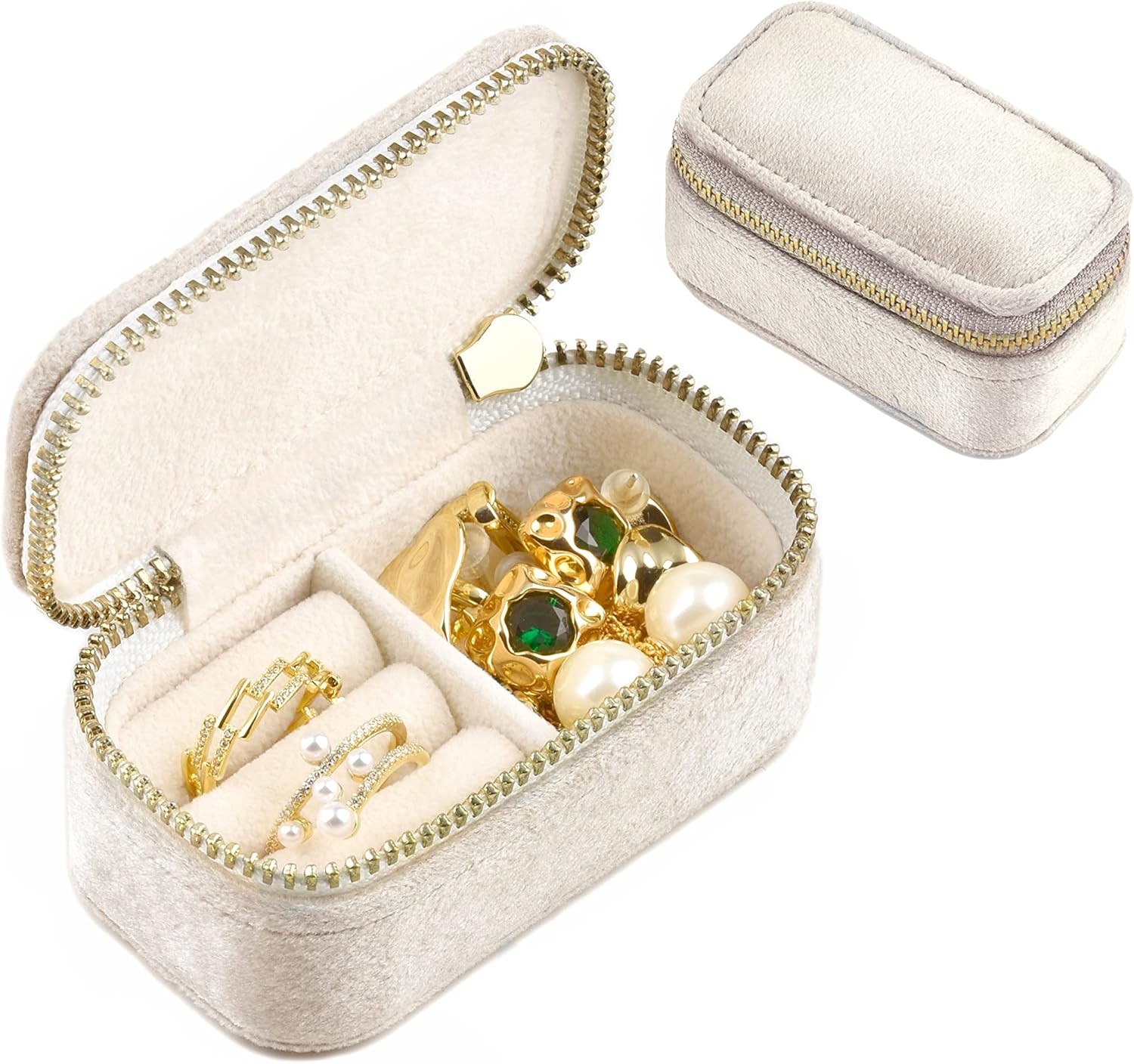 TAIMY Mini Jewelry Travel Case, Velvet Small Travel Jewelry Box, Portable Jewelry Travel Organizer Box for Rings Earrings Necklaces, Gifts for Women Girls(Beige)