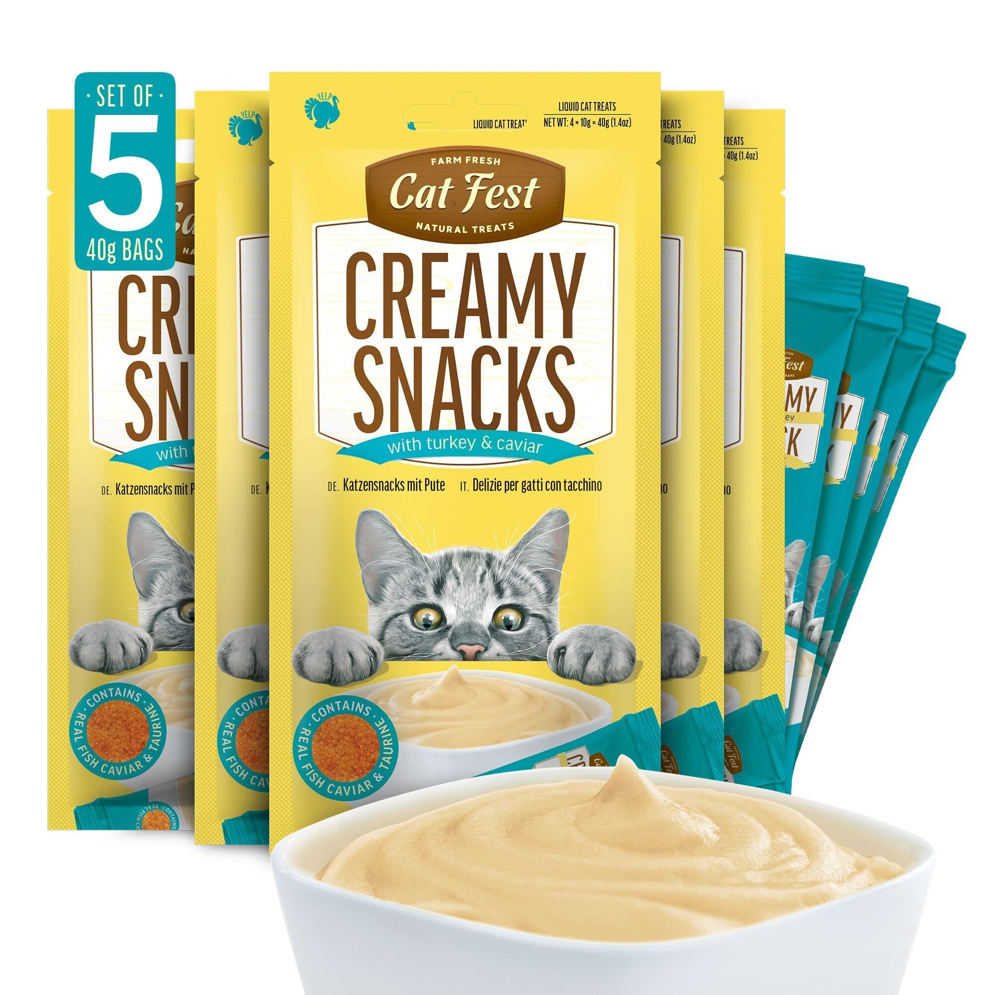 Cat Fest Creamy Snacks Turkey with Caviar, 100% Natural Lickable Cat & Kitten Treats (Cat Snacks), Enriched with Taurine & Vitamin E, 20 x 10g