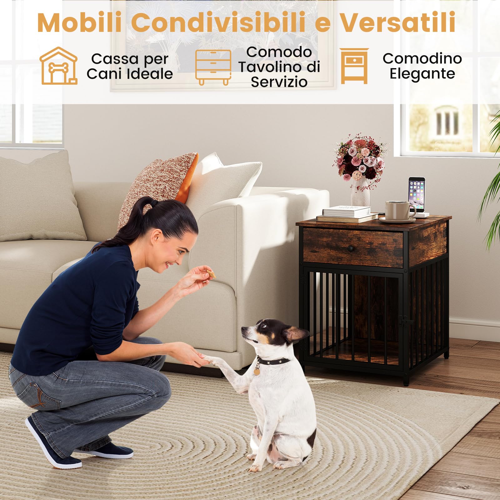 COSTWAY Gabbia per Cani con Stazione di Ricarica e Armadietto Multiuso | Cuccia per Cani in Legno con 2 Prese AC, 2 Porte USB e 1 Porta Type-C, Cassetto e Tubi Metallici, 81 x 37 x 115 cm