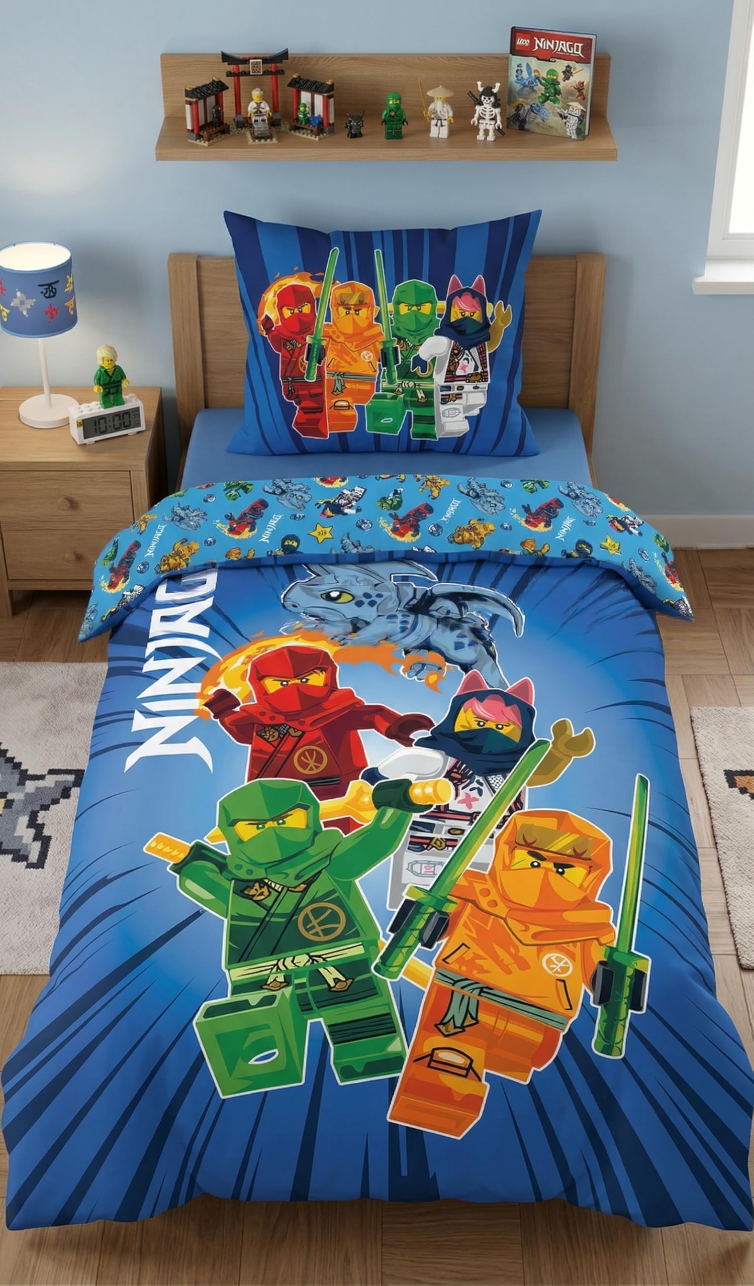 Halantex Pościel Lego Ninjago, dwustronna poszwa na kołdrę 140 x 200 cm + poszewka na poduszkę, 100% poliester