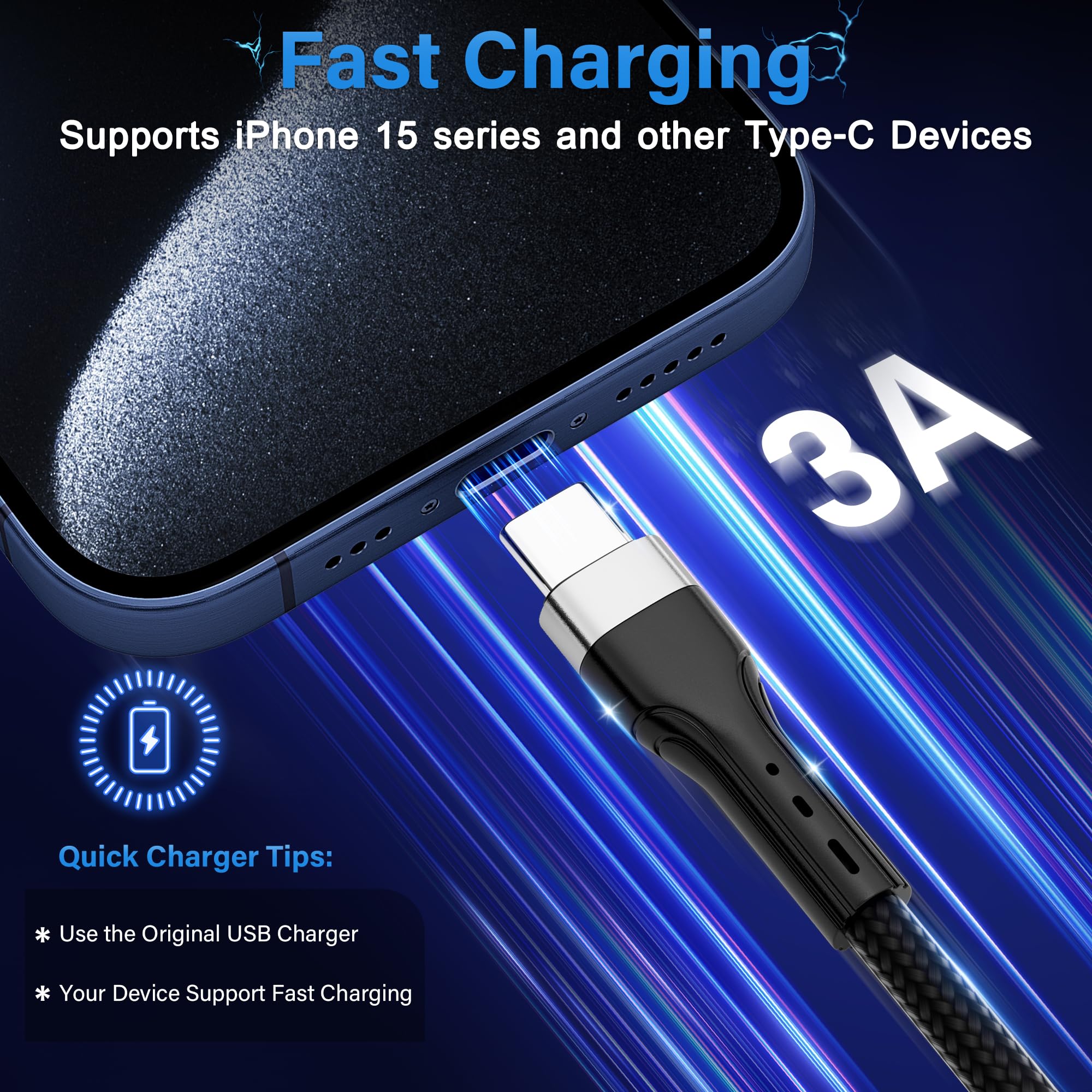Cable USB C a USB C (4 pies, paquete de 50), paquete múltiple de nailon PD USB C, carga rápida de 3 A 60 W para iPhone 15/15 Pro/15 Plus/15 Pro Max, iPad Mini/Air/Pro, MacBook Pro, Galaxy S23, LG