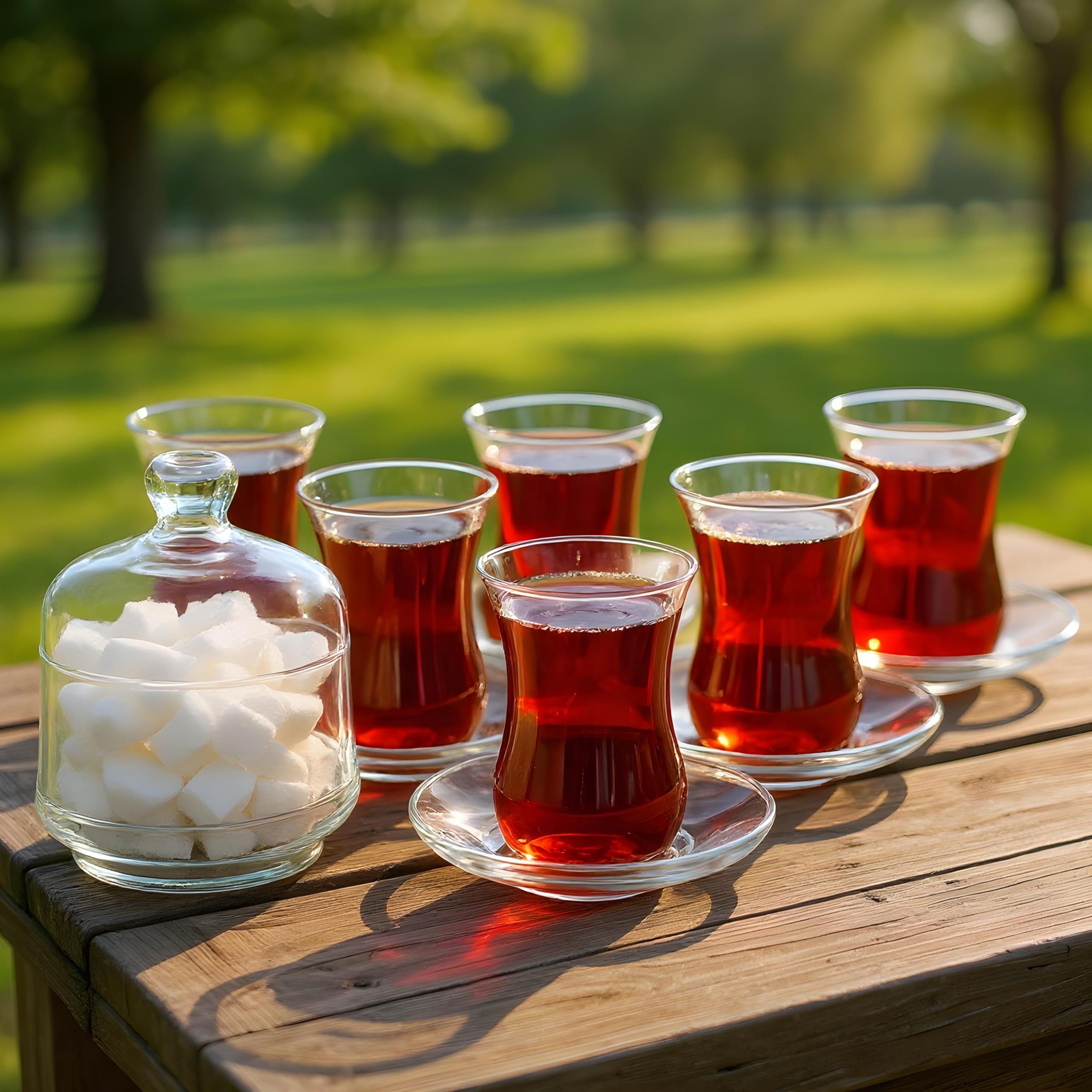 Juego de Té Turco Tradicional con Diseño,13 Piezas, Incluye: 6 Tazas de Té de Vidrio (115 ml/4 oz), 6 Platillos y un Azucarero con Tapa de Vidrio (260 ml/8,7 oz)