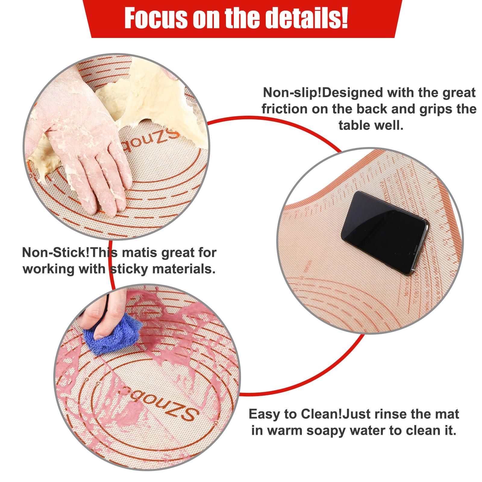 Alfombrilla de silicona extra grande antiadherente para masa con medición para hornear, tapete de fondant, tapete de amasado, tapete para amasar, tapete para masa (rojo, 24 x 36)
