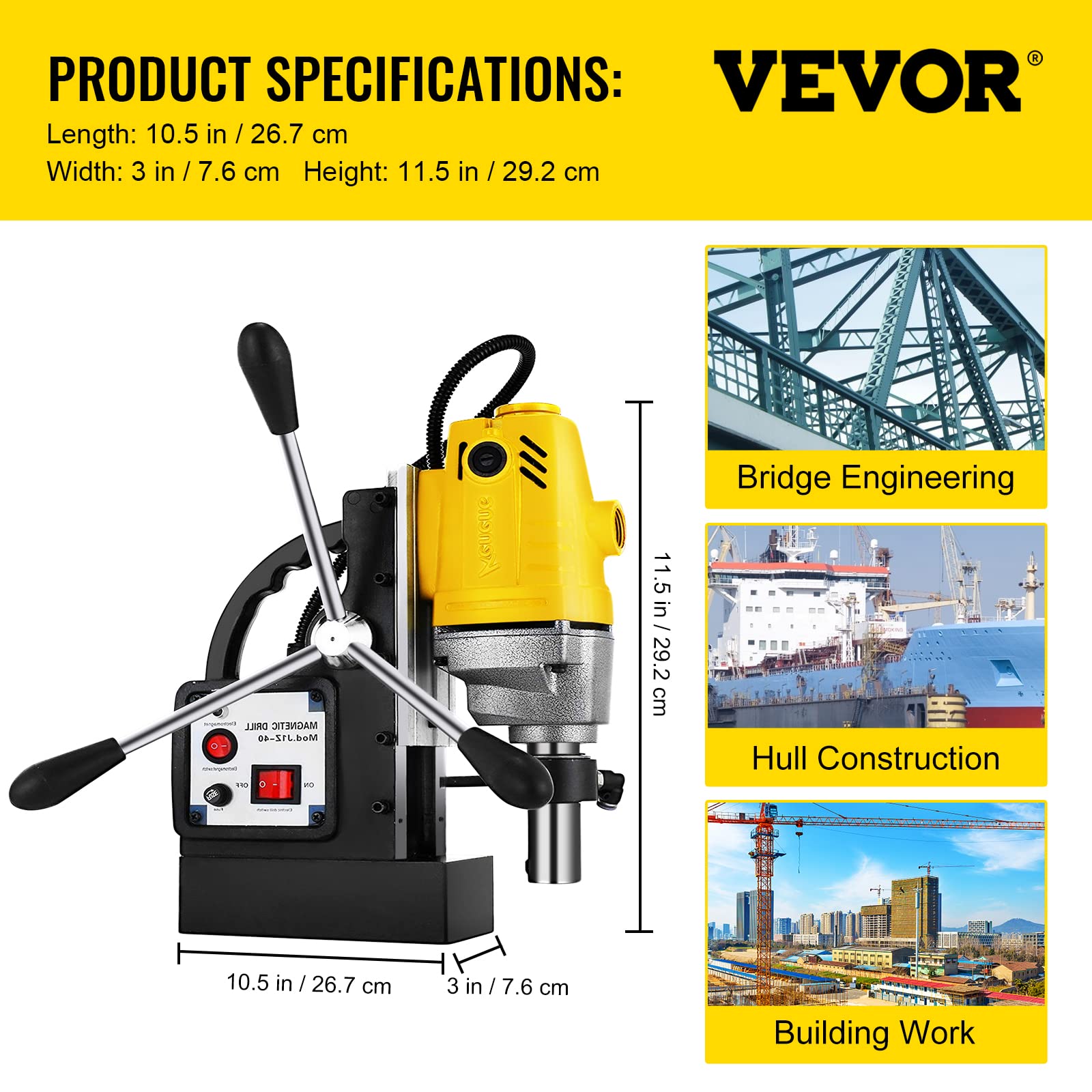 VEVOR Trapano Elettrico Magnetico MD40, Motore del Sistema di Perforazione Magnetico ad Alta Potenza 1100 W, 220 V, 50 Hz, con Set 6 Frese In HSS, Usato per Strutture in Acciaio, Costruzioni Navali