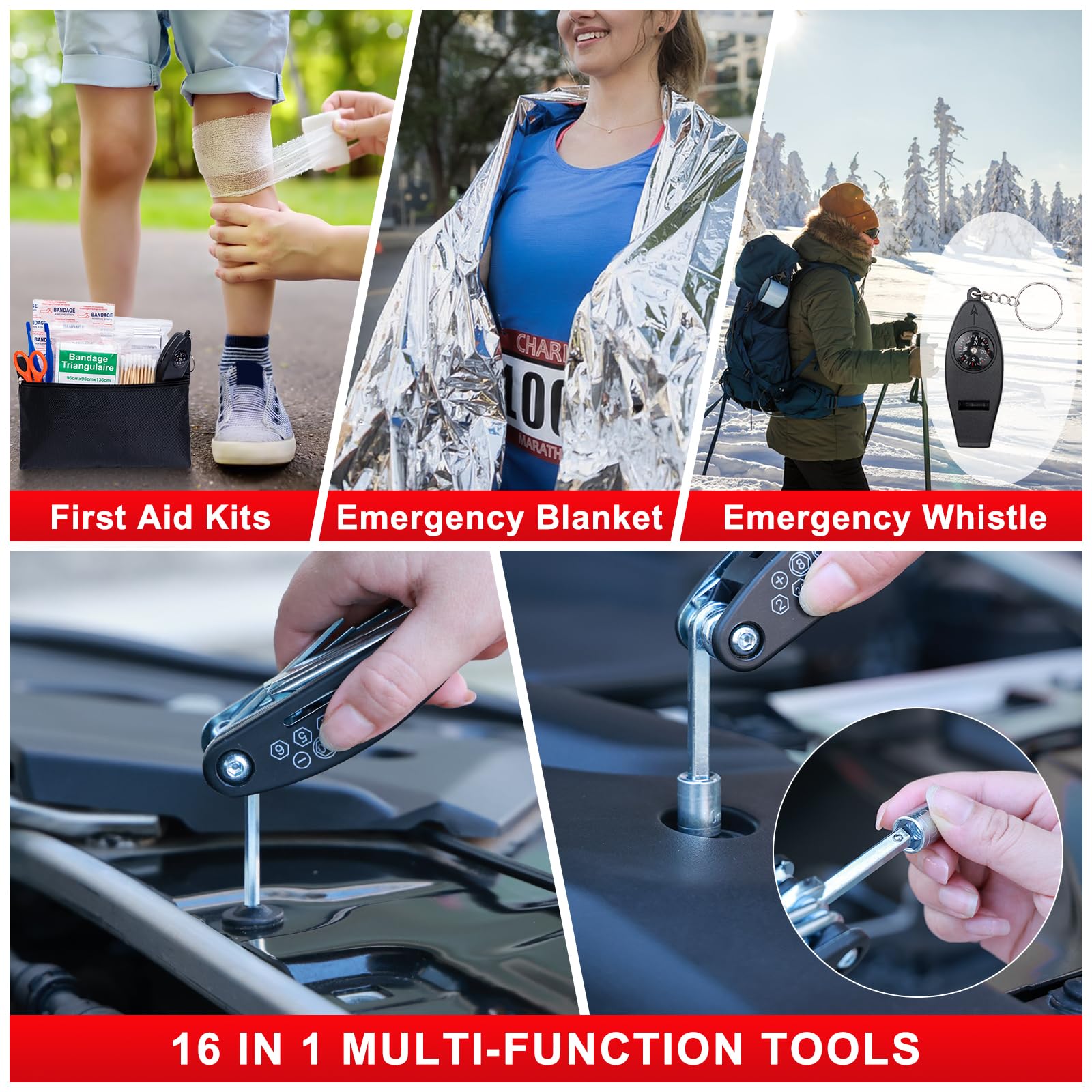 Car Roadside Emergency Kit - Car Emergency Kit with Jumper Cables, Tow Rope, Folding Shovel, Safety Hammer, Reflective Warning Triangle, Car Safety Kits for Men, Women, Teenagers
