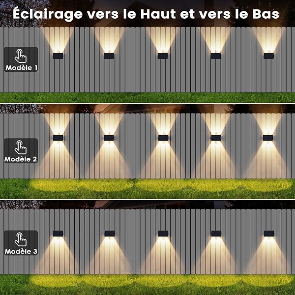 IIRARA Applique Solaire Extérieur,4 Articles Haut & Bas Applique Murale Solaire Blanc Chaud 1500mAh Lampe Solaire Murale Extérieur IP67 Étanche Spot Sans Fil Lumière 100 Lumens pour Clôture Jardin - 4