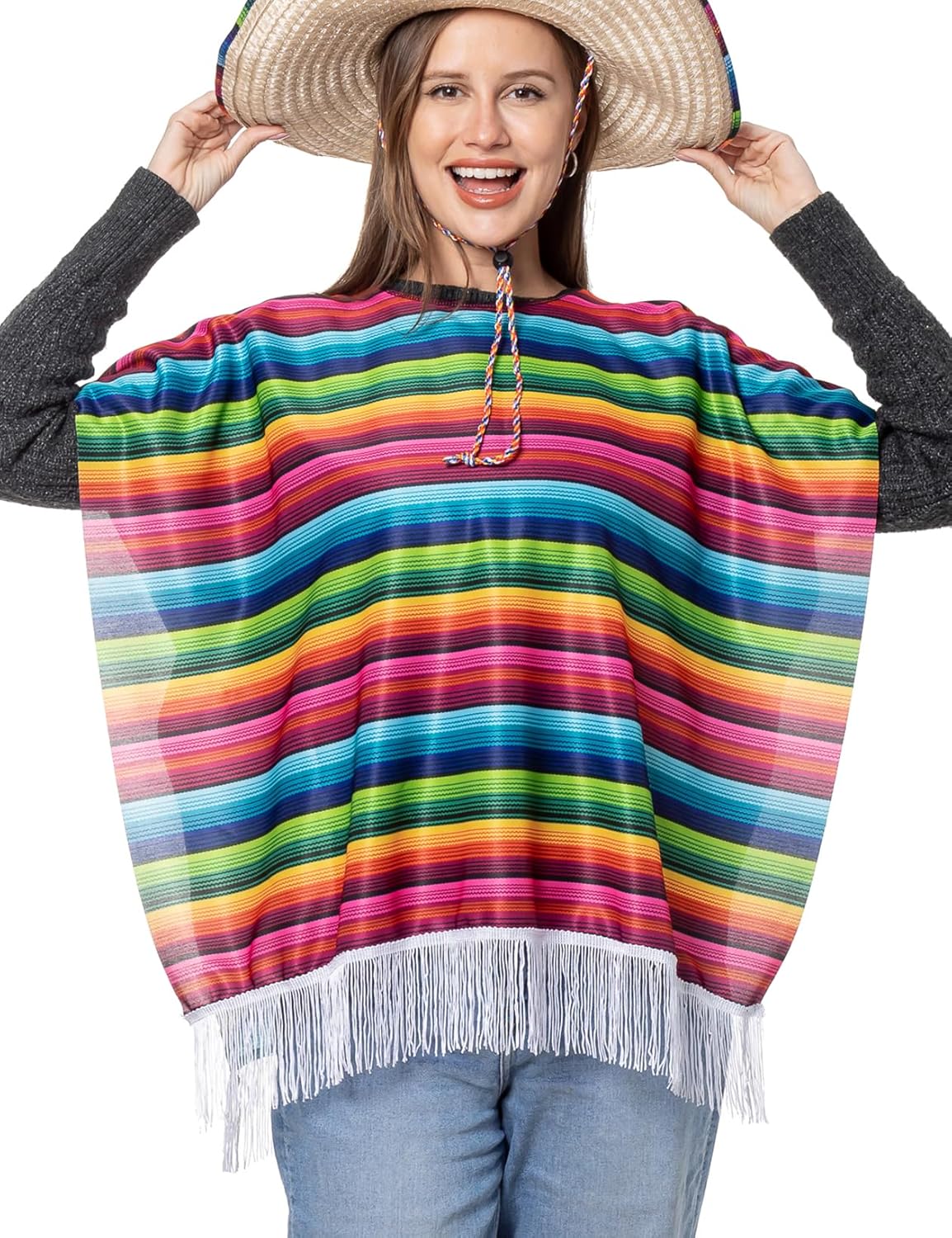 Lastclream Mexican Serape Poncho Costume for Women Cinco De Mayo Mexican Fiesta Ponchos for Adults (Only Poncho) - Image 4