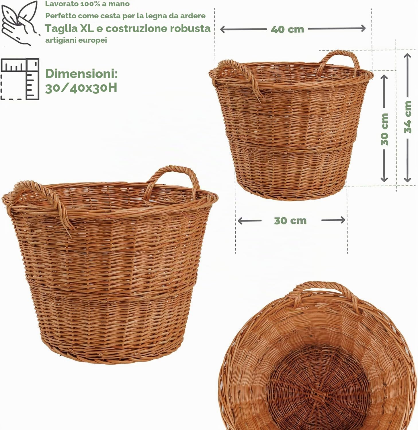 BOGATECO Cestino in vimini con manici rotondi, 30/40 x 30 H, tessuto a mano, cestino per legna da ardere