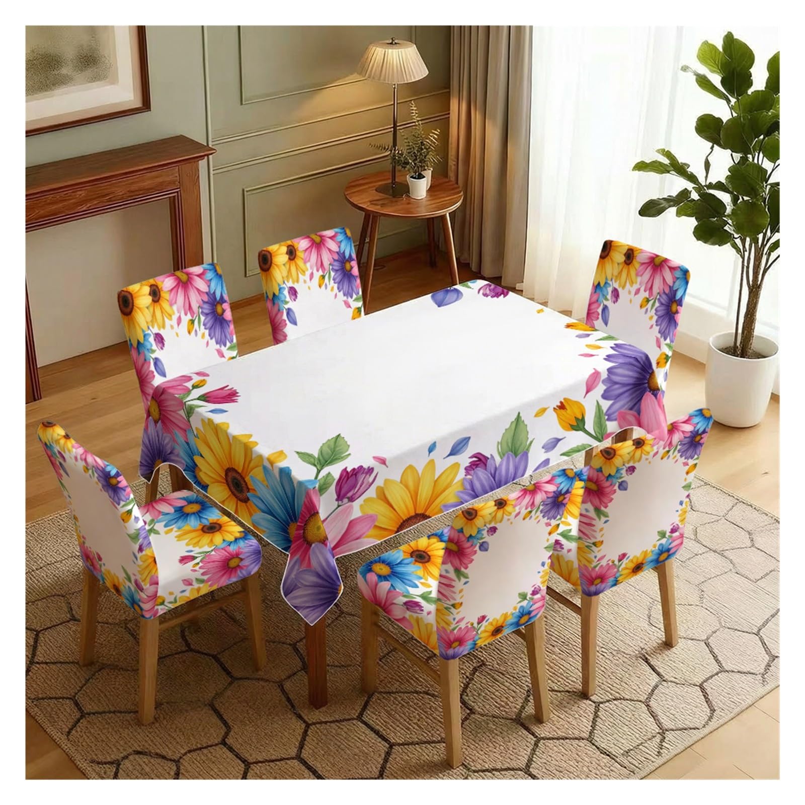 KXUAUV Stretch Dining Chair Slipcovers And Tablecloth Set, Colorful Daisy Sunflower Print, 5/7 Pack For Dining Room Spring Home Decor Party Decor(7pcs Set: Tablecloth+Chair Covers)
