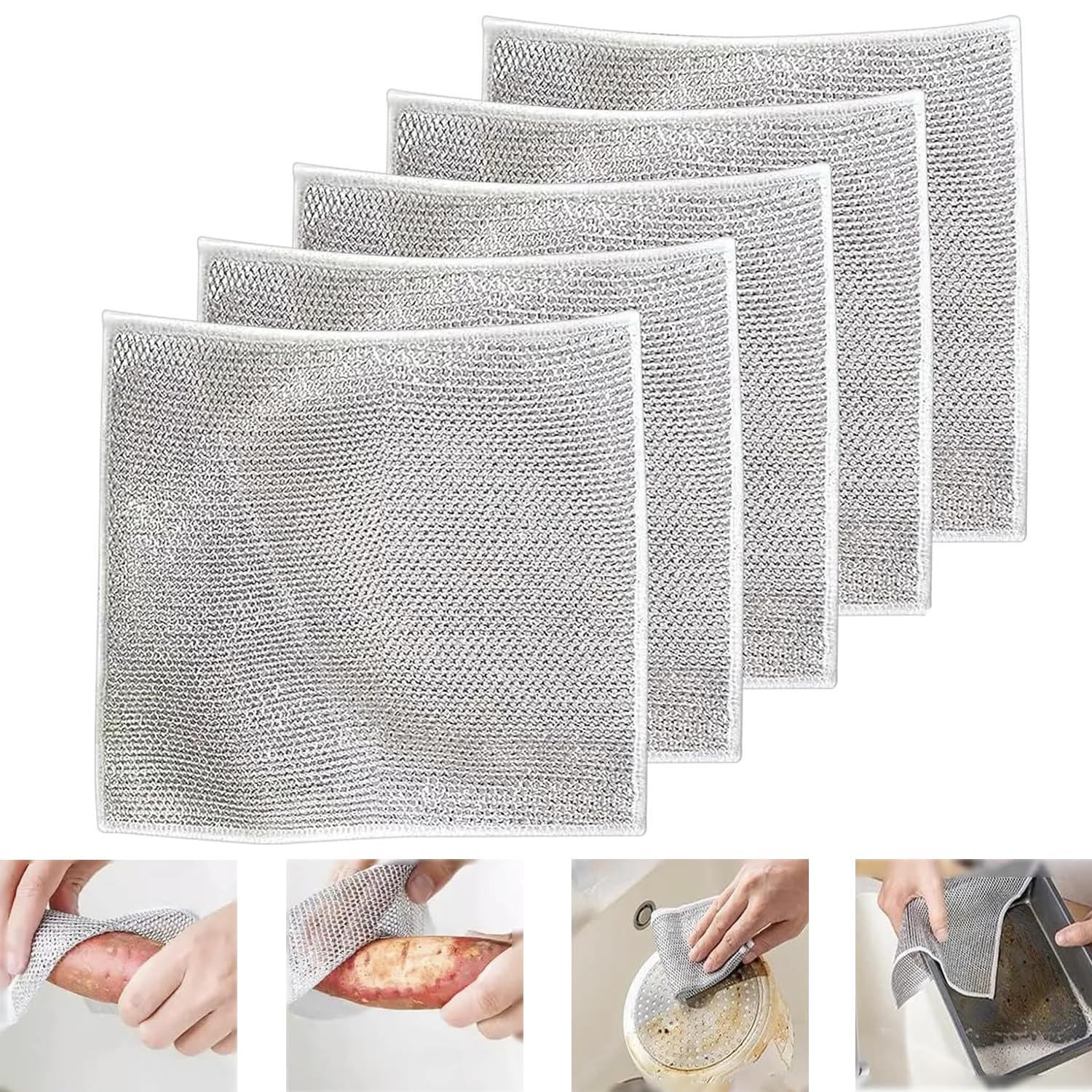 2024 New Multifunctional Non-Scratch Wire Dishcloth, Multipurpose Wire Dishwashing Rags for Wet and Dry, Scrubs & Cleans for Dishes, Sinks, Counters, Stove Tops (5Pcs)