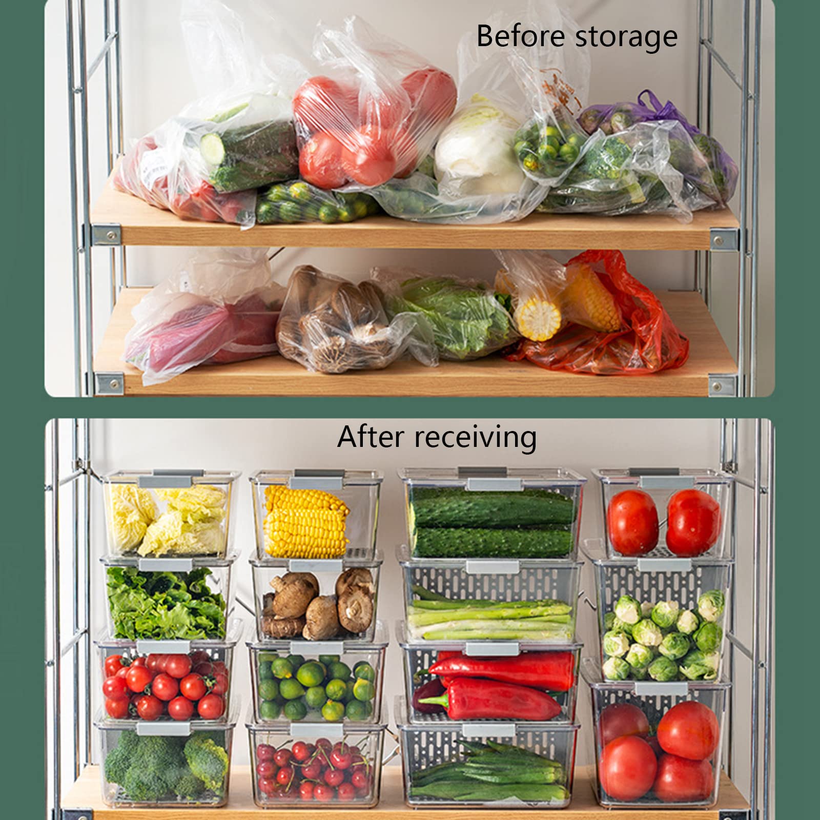 Contenitore per frigorifero - Con cestello di scarico - Organizer per frigorifero impilabile da cucina, Organizer sigillato con coperchio, Organizer per frigorifero con cassetto estraibile (Dimensio