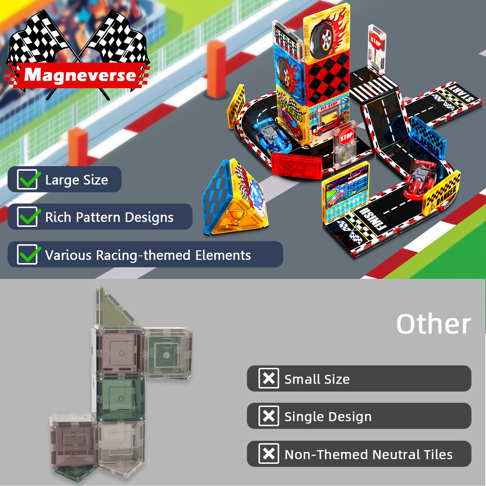 Juego de azulejos magnéticos para carretera, pista de carreras con 2 coches, carreras de autos magnéticos para niños de 3, 4, 5, 6, 7, 8, bloques de construcción magnéticos, juguete STEM, regalos de 6