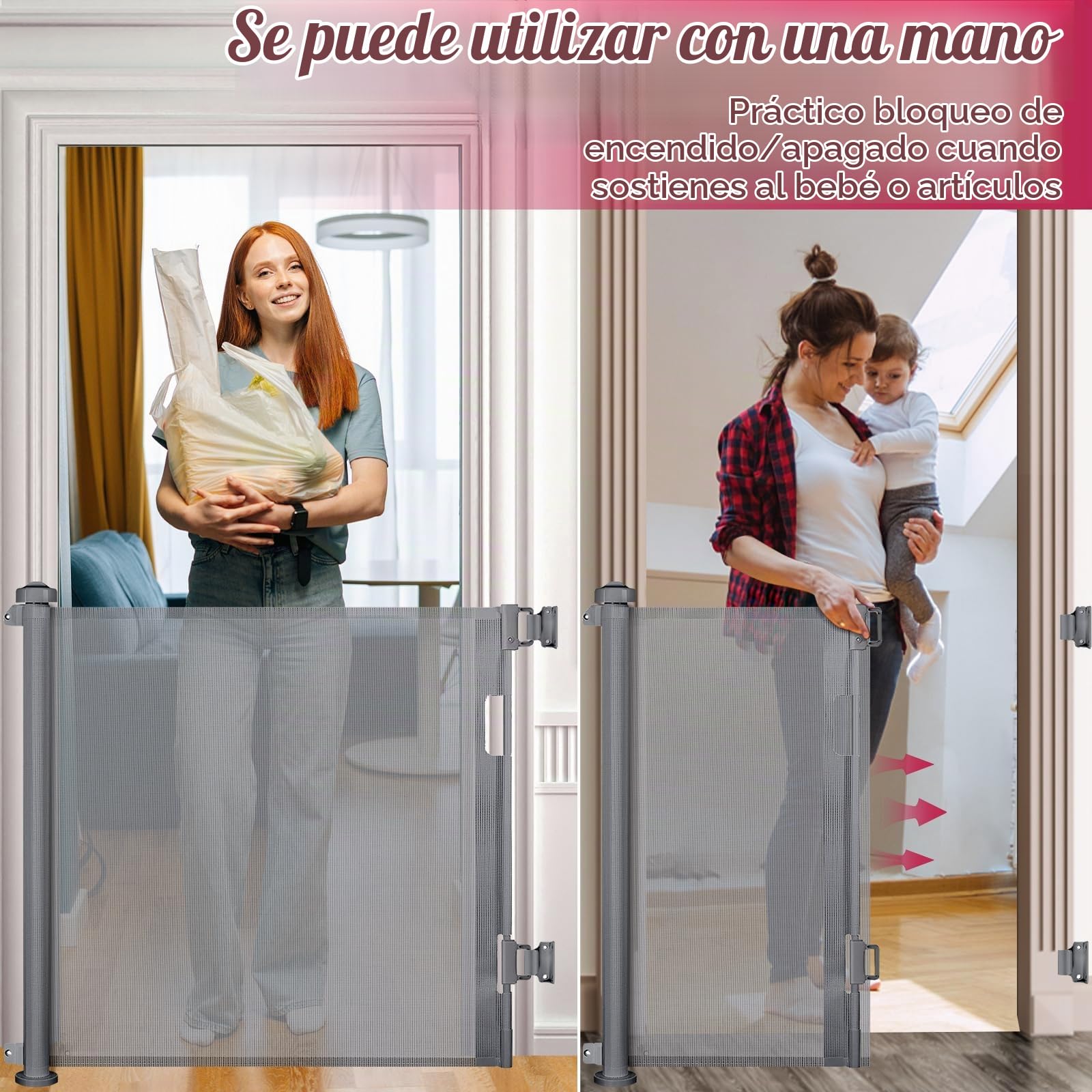 Dioxide Puerta Seguridad Retráctil para Bebés, 0-150 cm, Barrera Seguridad para Escaleras para Niños y Perros, Adecuada para Escaleras, Pasillos, Interiores y Exteriores (Gris)