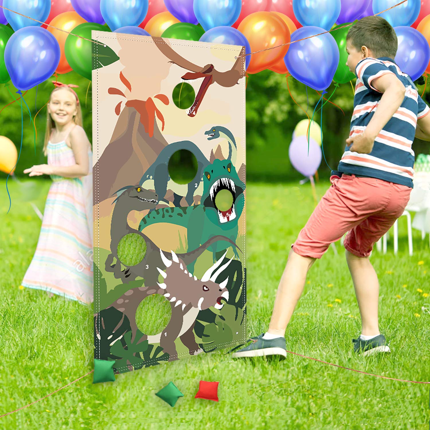 Dinosaur Toss Games Banner, Realistic Dino Party Cornhole Game with 5