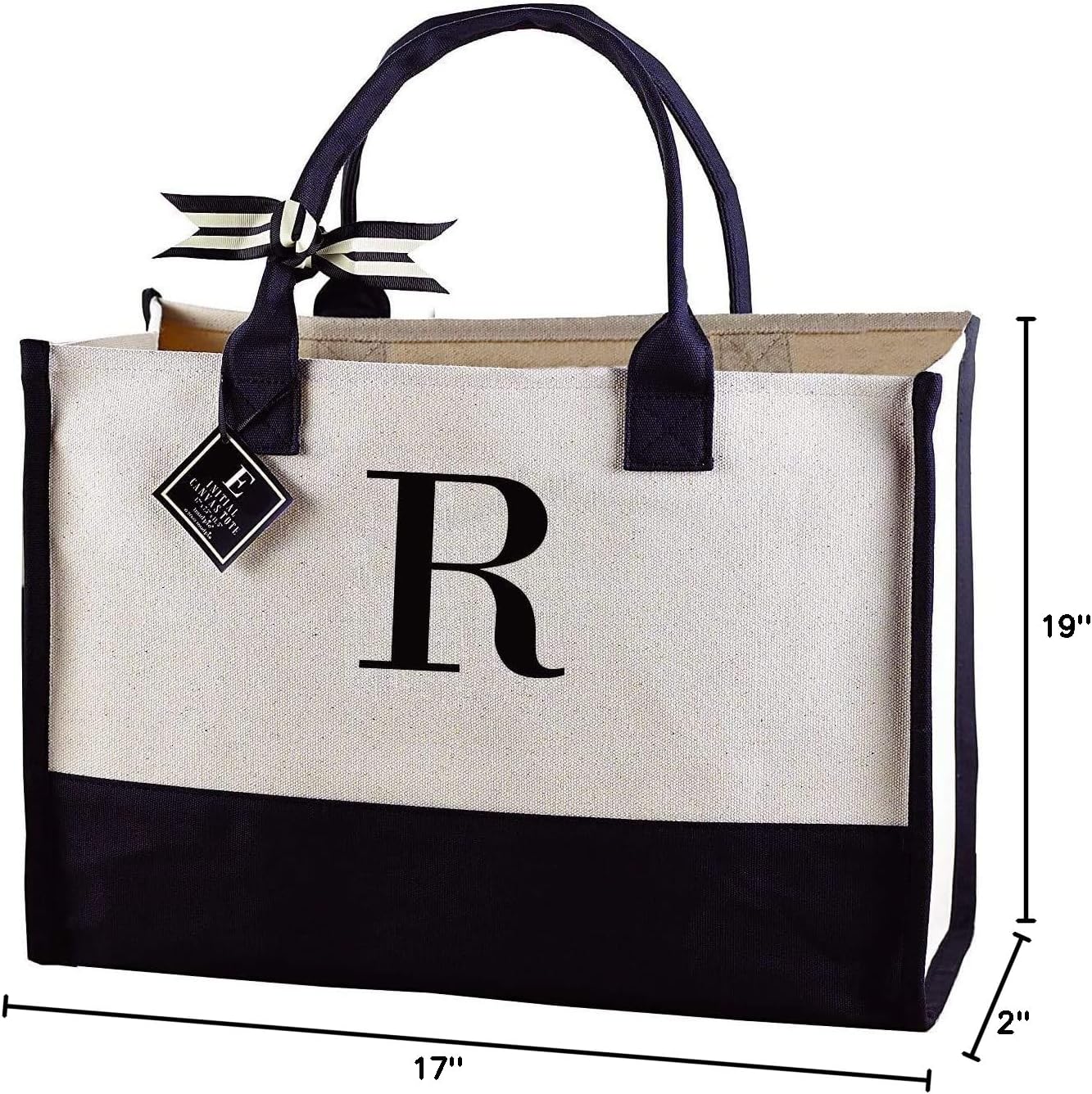Mud Pie Classic Black and White Initial Canvas Tote Bags (R), 100% Cotton, 17" x 19" x 2"
