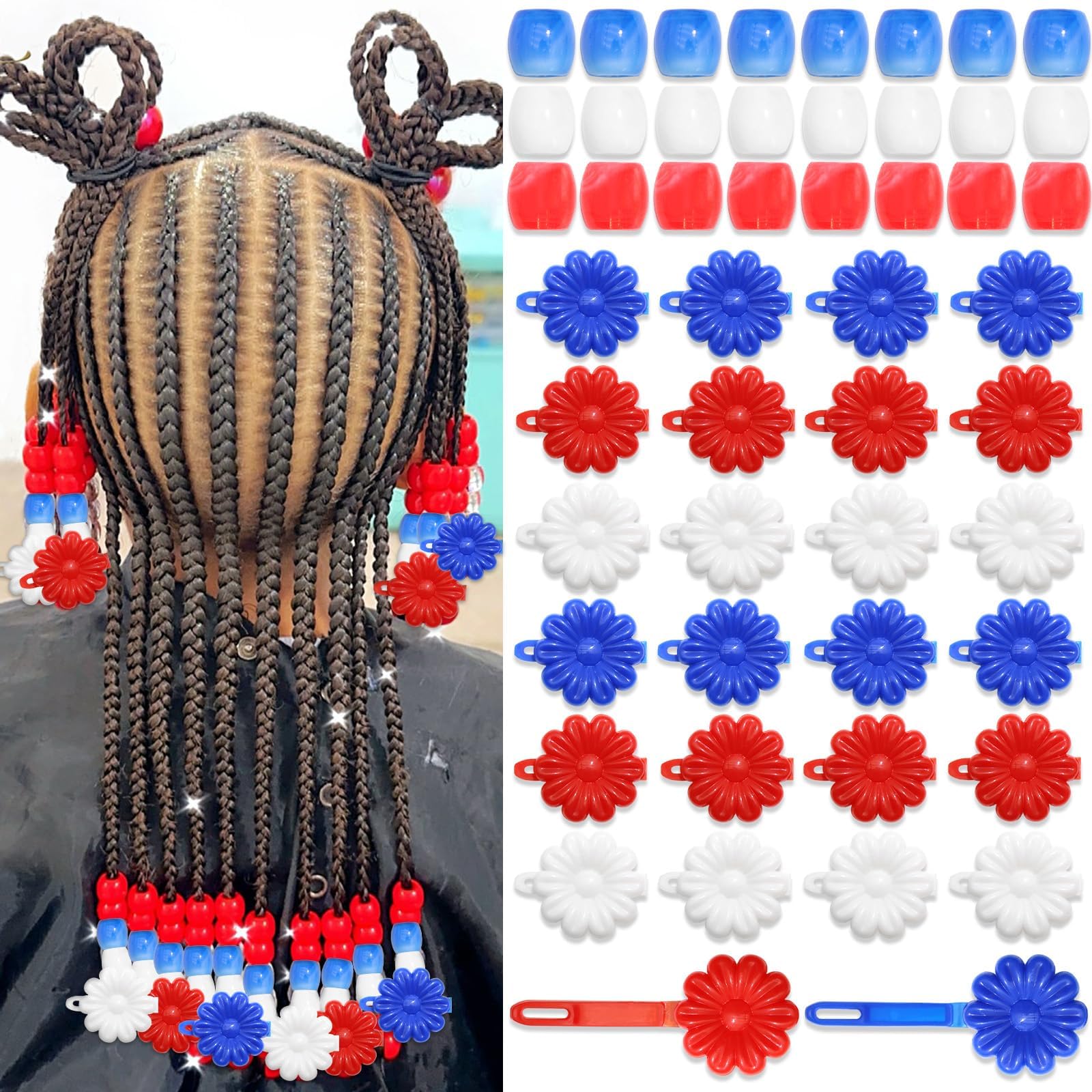 VENOFEN 60PCS Mixed Color Hair Braid Beads 4th of July Self Hinge Flower Hair Barrettes Blue Red White Loc Dreadlock Beads for Hair Cartoon Design