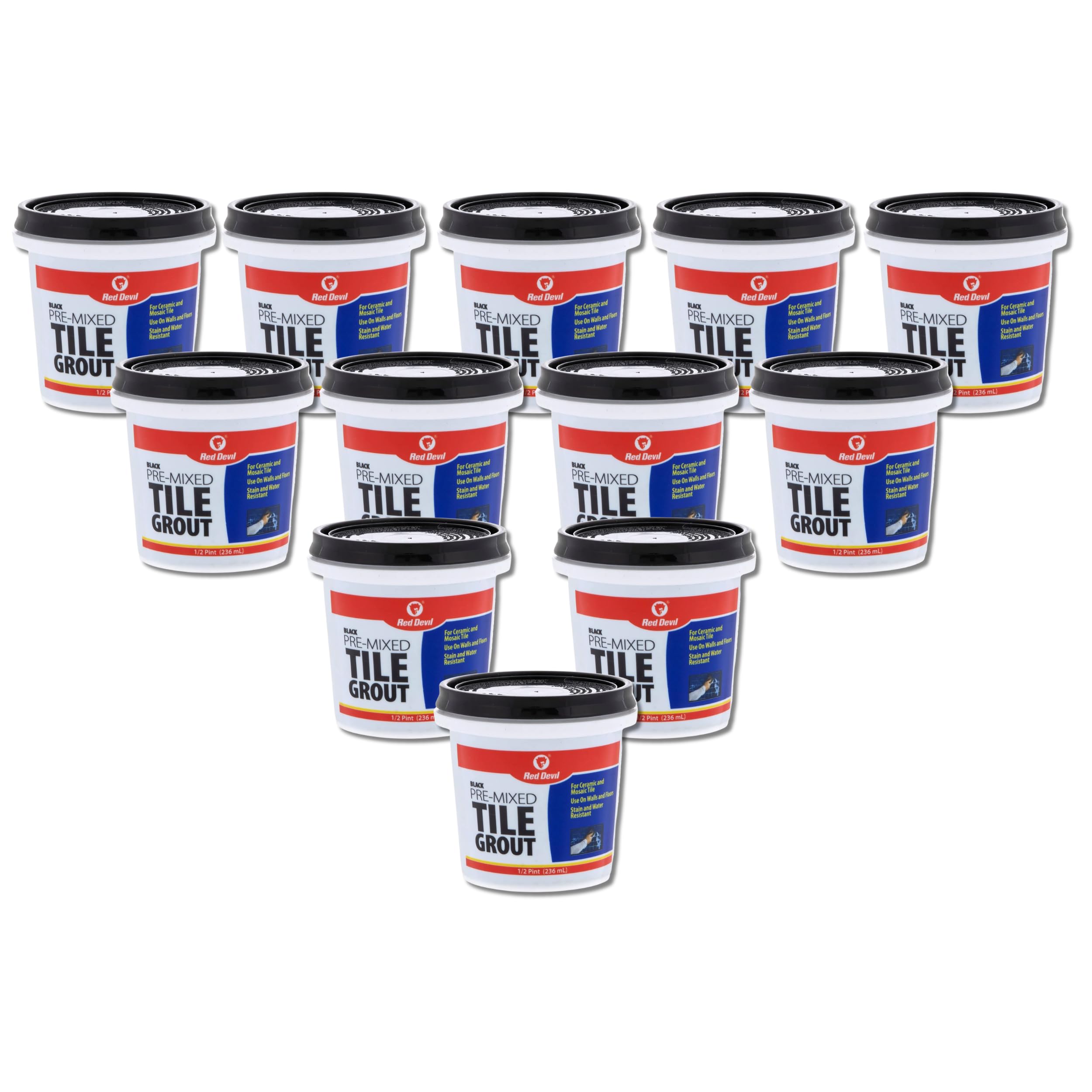 Red Devil 042260 Pre-Mixed Tile Grout - Professional Quality, Excellent Adhesion, Ideal for Wall & Floor Use - 1/2 Pint, Black, Pack of 12, Made in USA