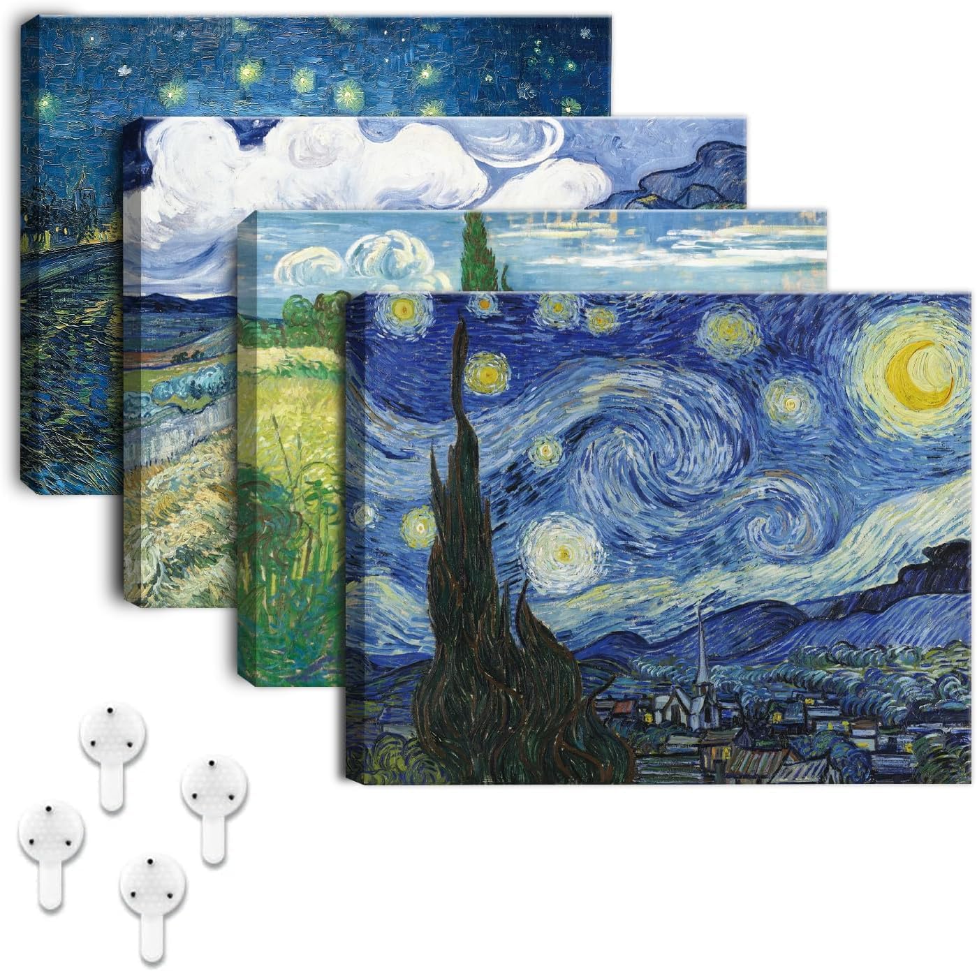 BINCUE Vincent Van Gogh - Cuadros decorativos (4 unidades, 30 x 40 cm), diseño de noche estrellada