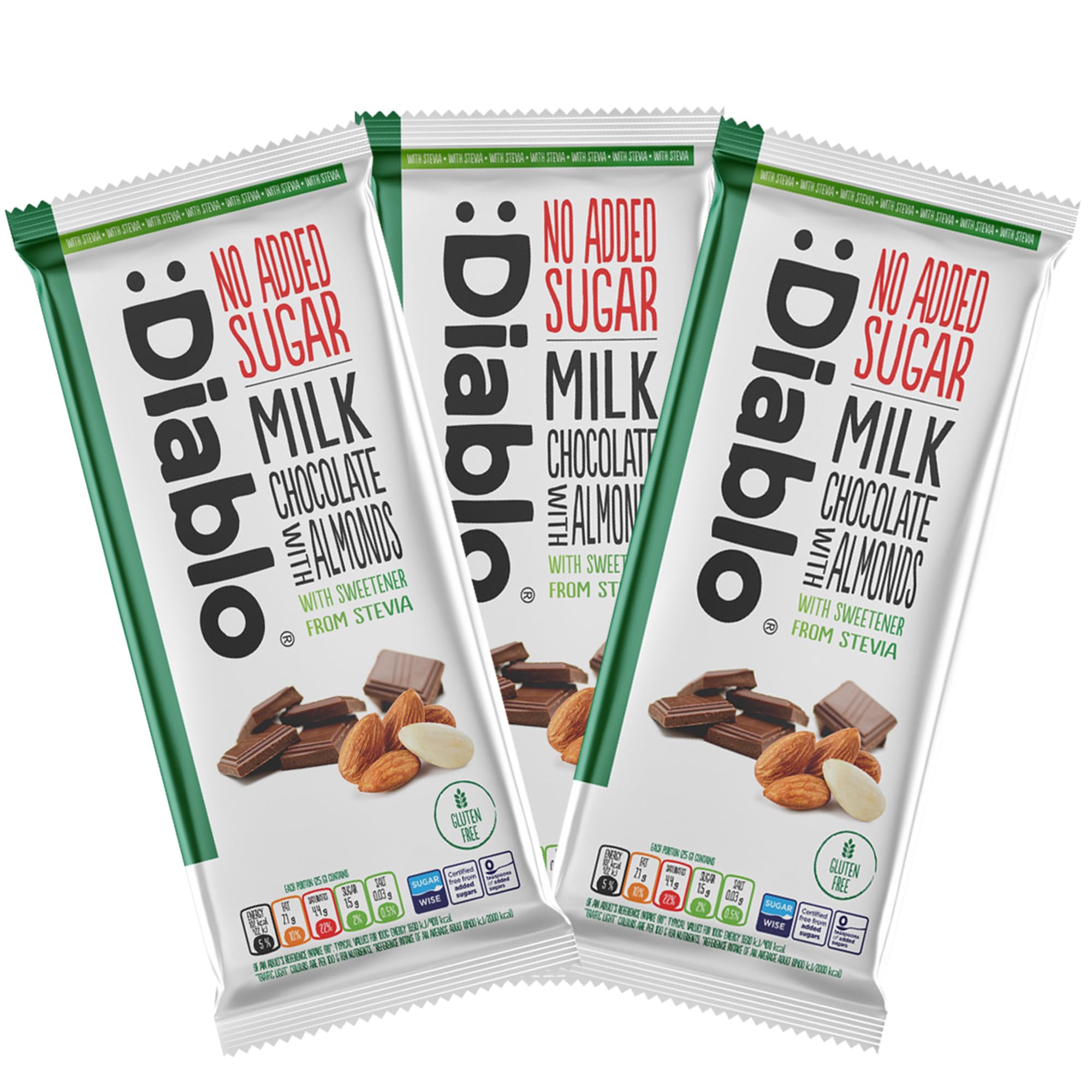 Diablo No Added Sugar Chocolate Bar – Milk Chocolate with Almonds, Sweetened with Stevia, Gluten Free, Ideal for Any Occasion, Birthdays, Valentines, or Gift Hampers, 75g (Pack of 3)