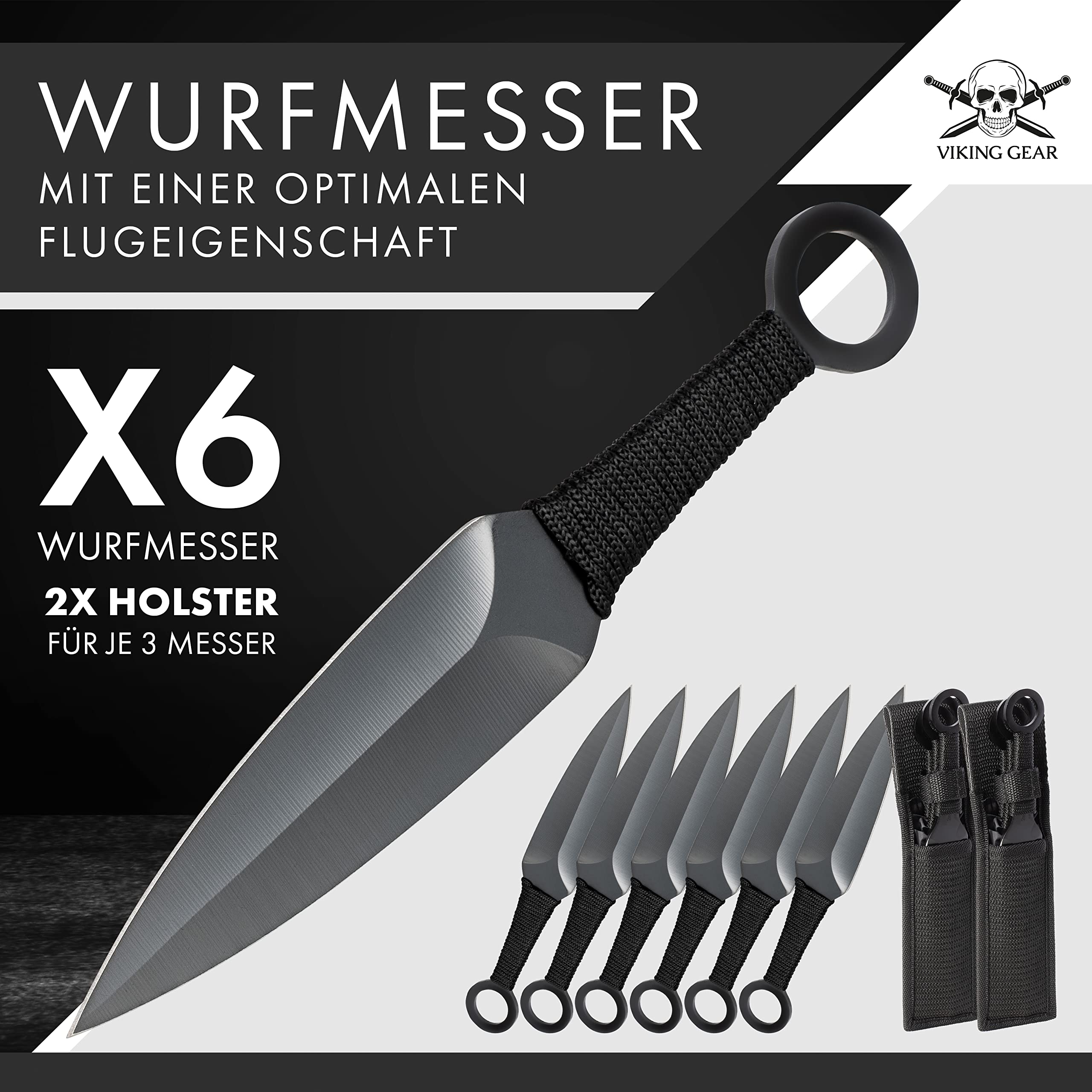 VIKING GEAR® 6X EXPENDABLE Wurfmesser Profi Kunai ca. 22,5 cm - Throwing Knife - Trainingsmesser - Gürtelmesser - Wurfmesser Set inklusive Holster aus Nylon - schnelles Werfen Messer schwarz Edelstahl