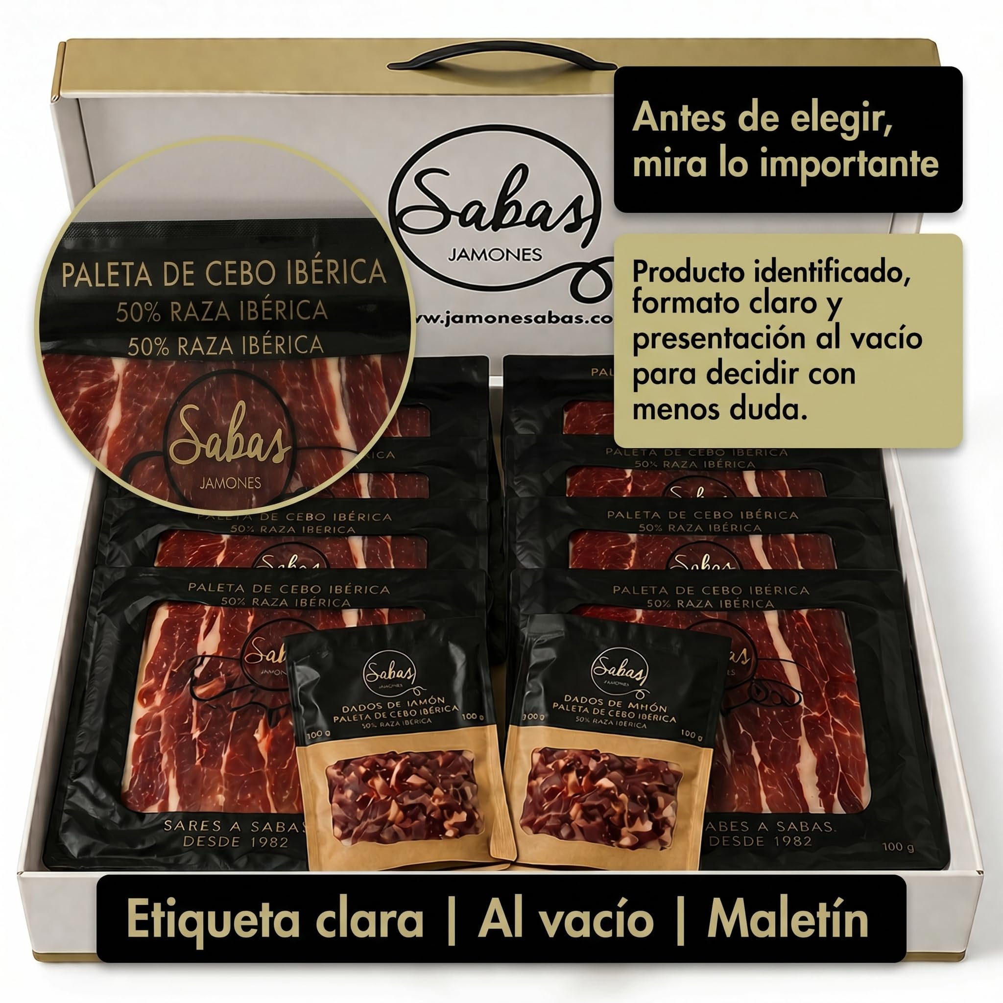 SABE A SABAS Cesta Paleta Gran Reserva Duroc 50% Cortada a Cuchillo 10 Sobres 100g con 2 Taquitos 100g Estuche Gourmet Regalo Jamon Curado Loncheado Tabla Aperitivo Navidad Evento Familiar
