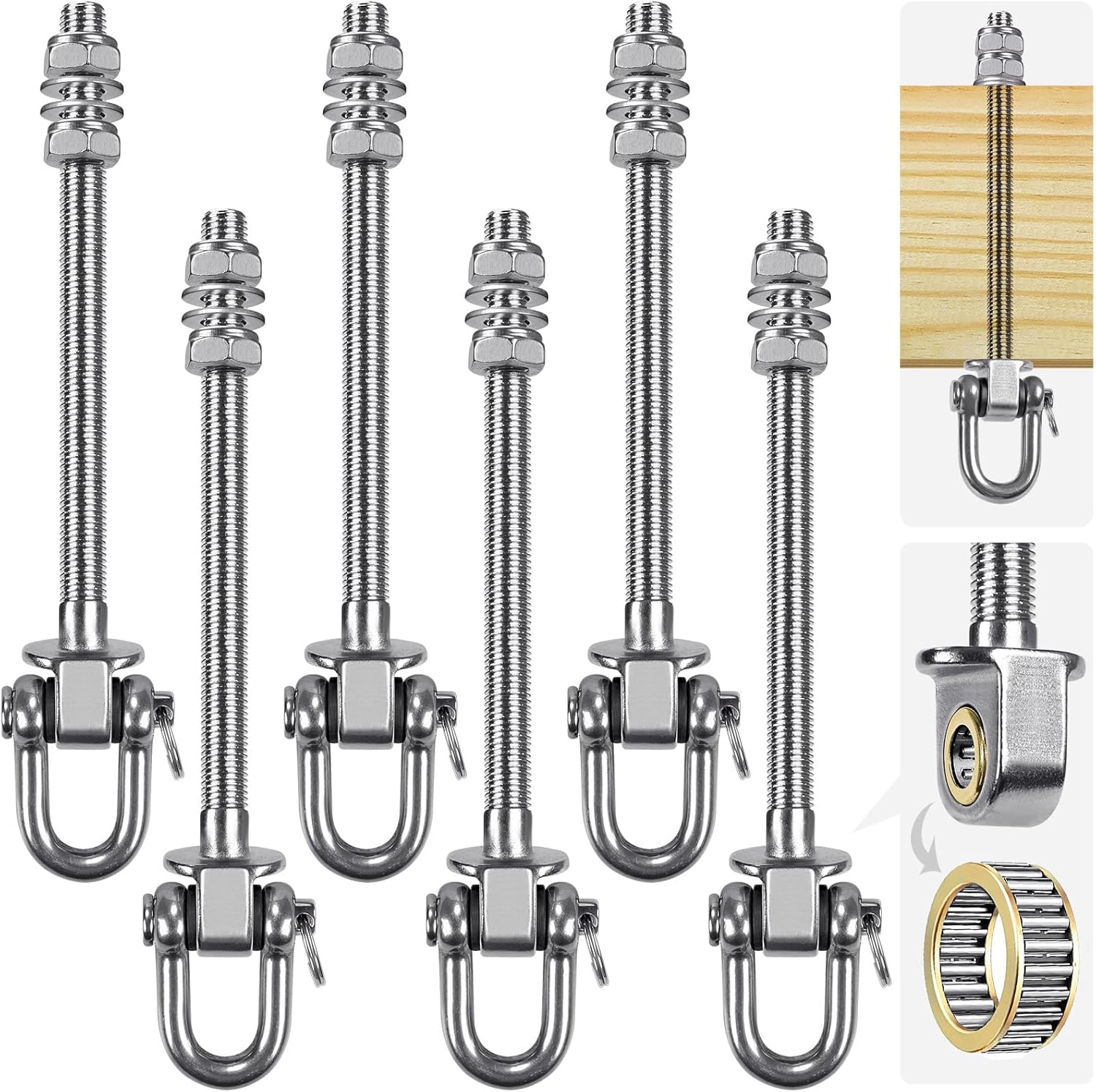 SELEWARE Heavy Duty Stainless Steel Swing Hangers with Bearings (Set of 6), Swing Bolts M10 x 9", 1800LB Capacity for Wood & Steel Beams, Yoga Hammock, Porch Swing