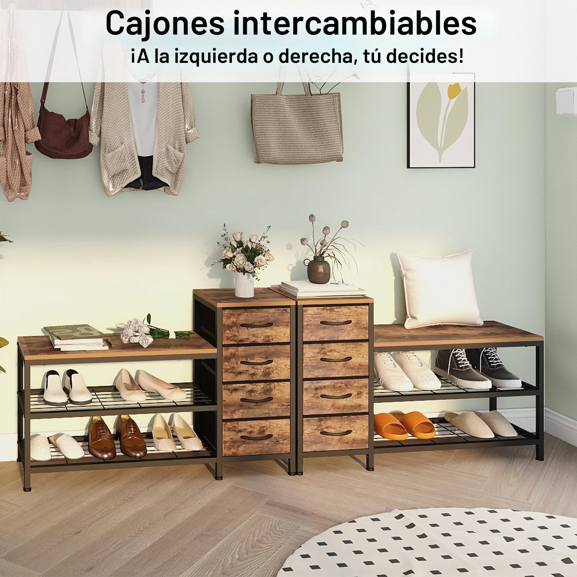 Zapatero de 3 niveles con 4 cajones y asiento con espacio de almacenamiento para pasillo, entrada, salón o pasillo, marco de metal y superficie de madera