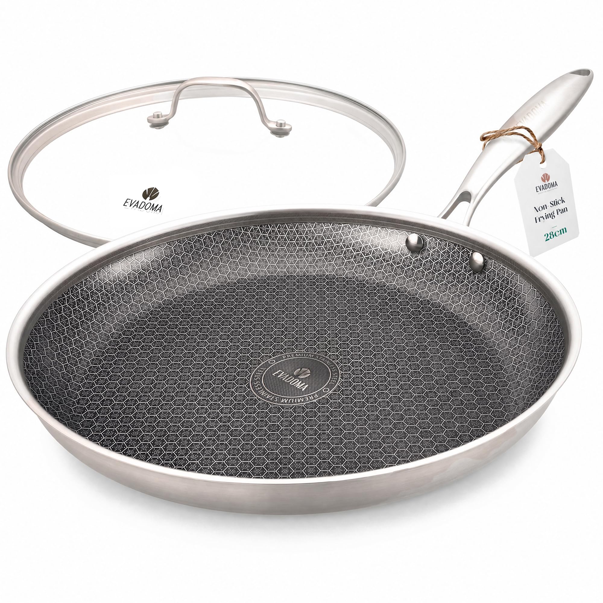 Padella in acciaio inox da 28 cm con coperchio in vetro, padella rivestita a nido d'ape, per tutti i tipi di piani cottura, inclusa induzione, padella antiaderente priva di PFOA, adatta per