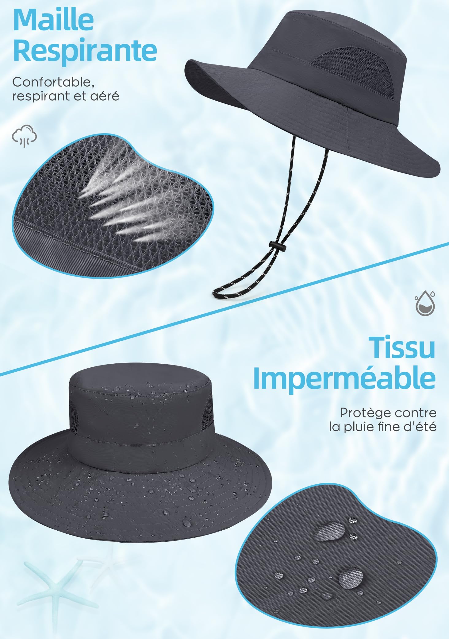 MELLIEX Chapeau Anti UV Homme Femme Large Bords Chapeau de Soleil Imperméable Respirant Pliable Boonie Hat pour Randonnée, Jardinage, Safari, Brouss - 3