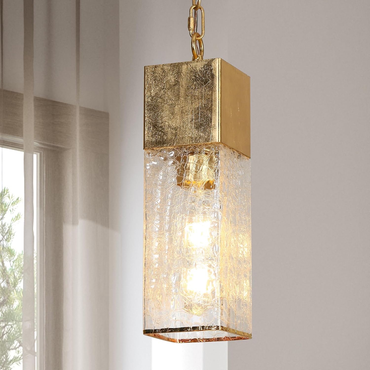 KSANA Pendant Lights Kitchen Island, 1-Light Modern Pendant Lighting with Cracked Accent Glass Adjustable Hanging Dining Room Light Fixtures for Kitchen, Hallway, Entryway, Bedroom, Gold Foil Finish