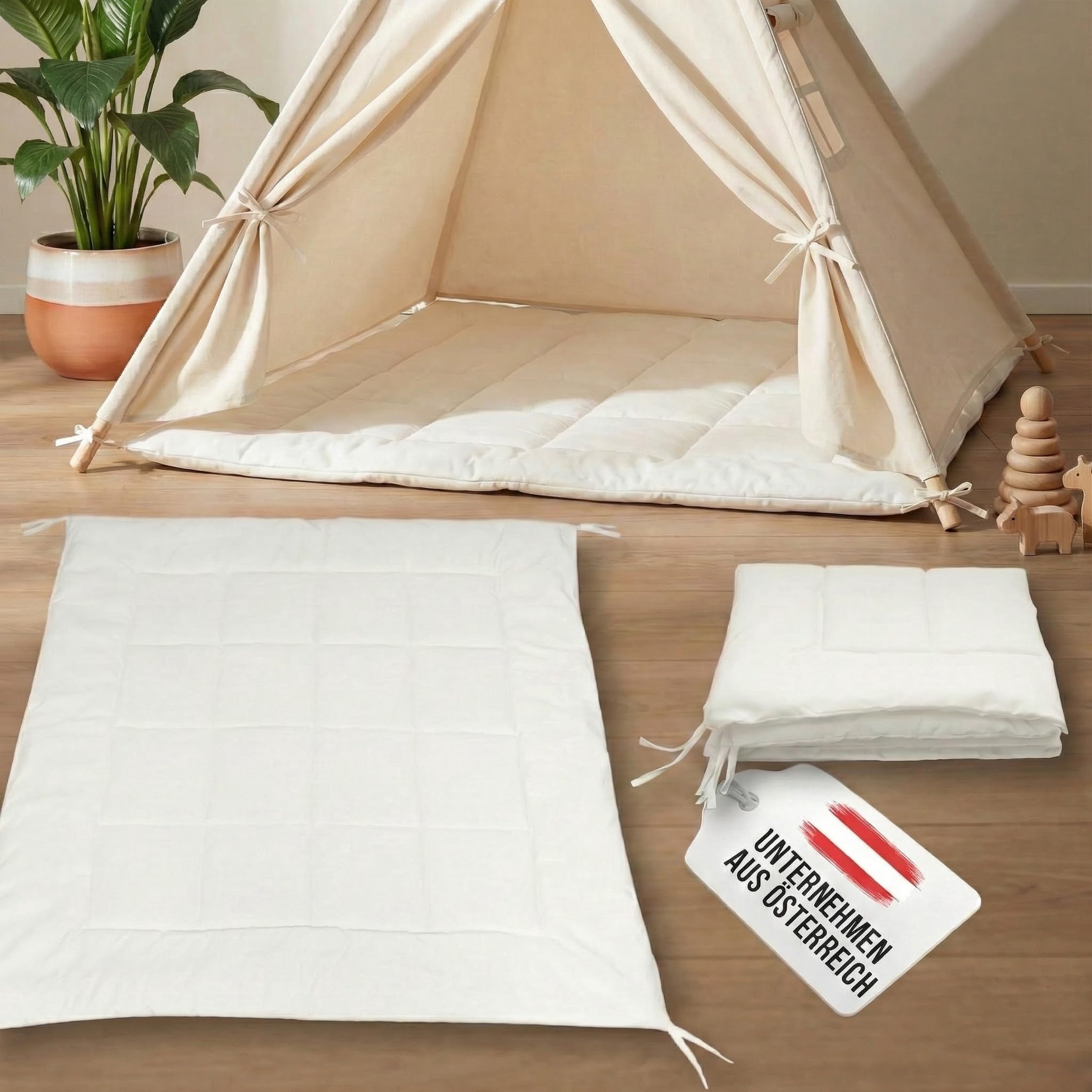 LIONHERZ® Tappetino Tipi con nastri, 120 x 120 cm, coperta imbottita per tenda da gioco/casetta dei giochi, morbida coperta quadrata per bambini, inserto trapuntato/base per legare (bianco brillante)