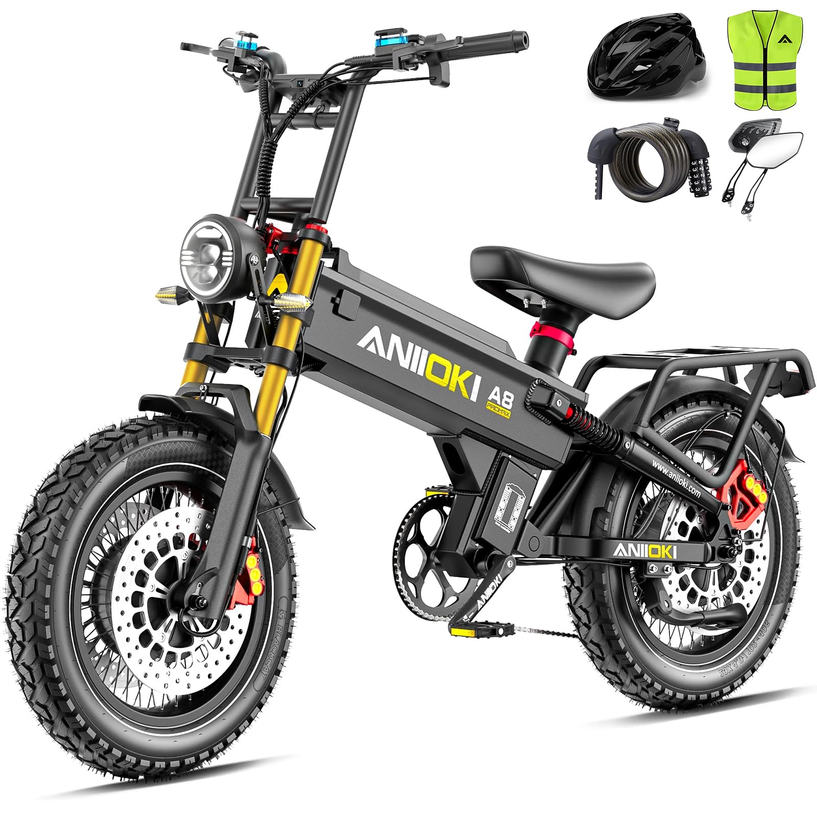 ANIIOKI Dual Motor Electric Bike for Adults,46MPH with 52/60V 70/80AH Battery Ebikes,Fat Tire All Terrain Electric Bike, Full Suspension E Bike, 7-Speed Gear Electric Bicycle