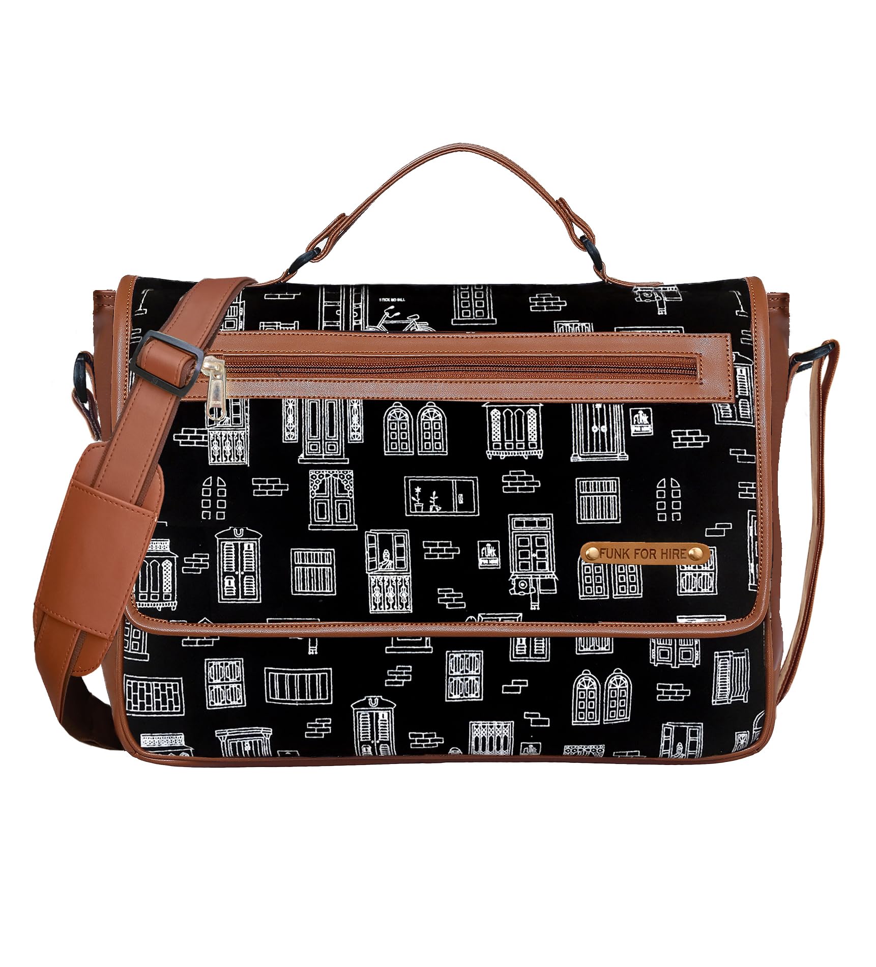 Funk For Hire Printed Black Cotton Canvas and Leatherette Unisex Laptop sling Bag - Fit Up to 15.6 inch screen size laptop-image-39