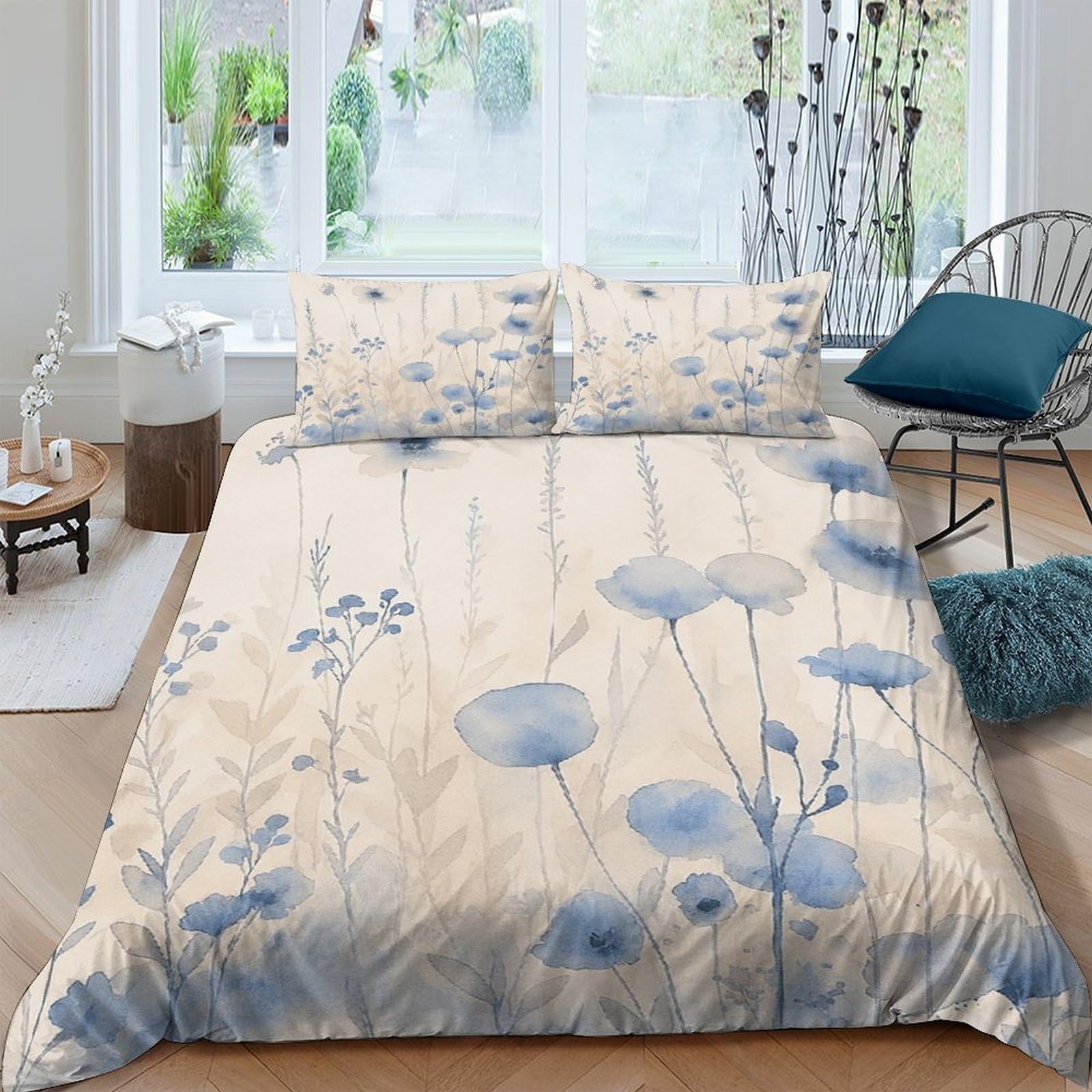 Linge de lit BlueFlower housse de couette durable 140x200cm aux finitions aquarelle