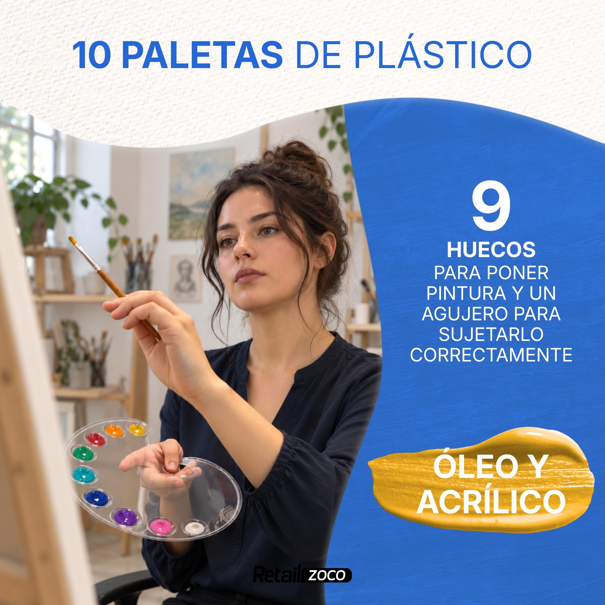 10 Paletas desechables para Pintura con 7 Pinceles de fibra sintética - imagen 3