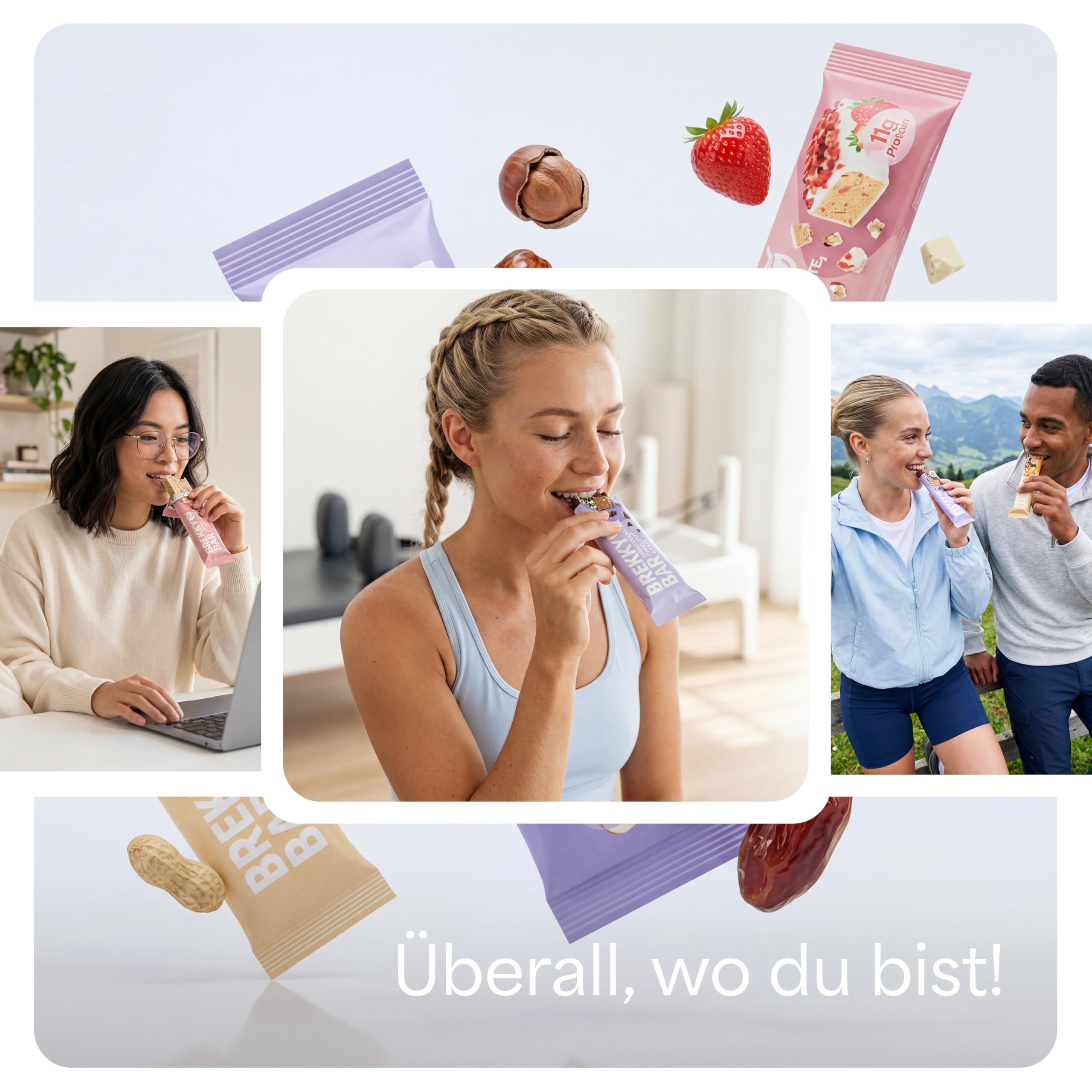 Brekky Bar Erdbeer Proteinriegel Vegan – 11g pflanzliches Protein pro Riegel – ohne Zuckerzusatz, 100% vegan & natürlich – High Protein Riegel mit Datteln, Mandeln & Erdbeeren